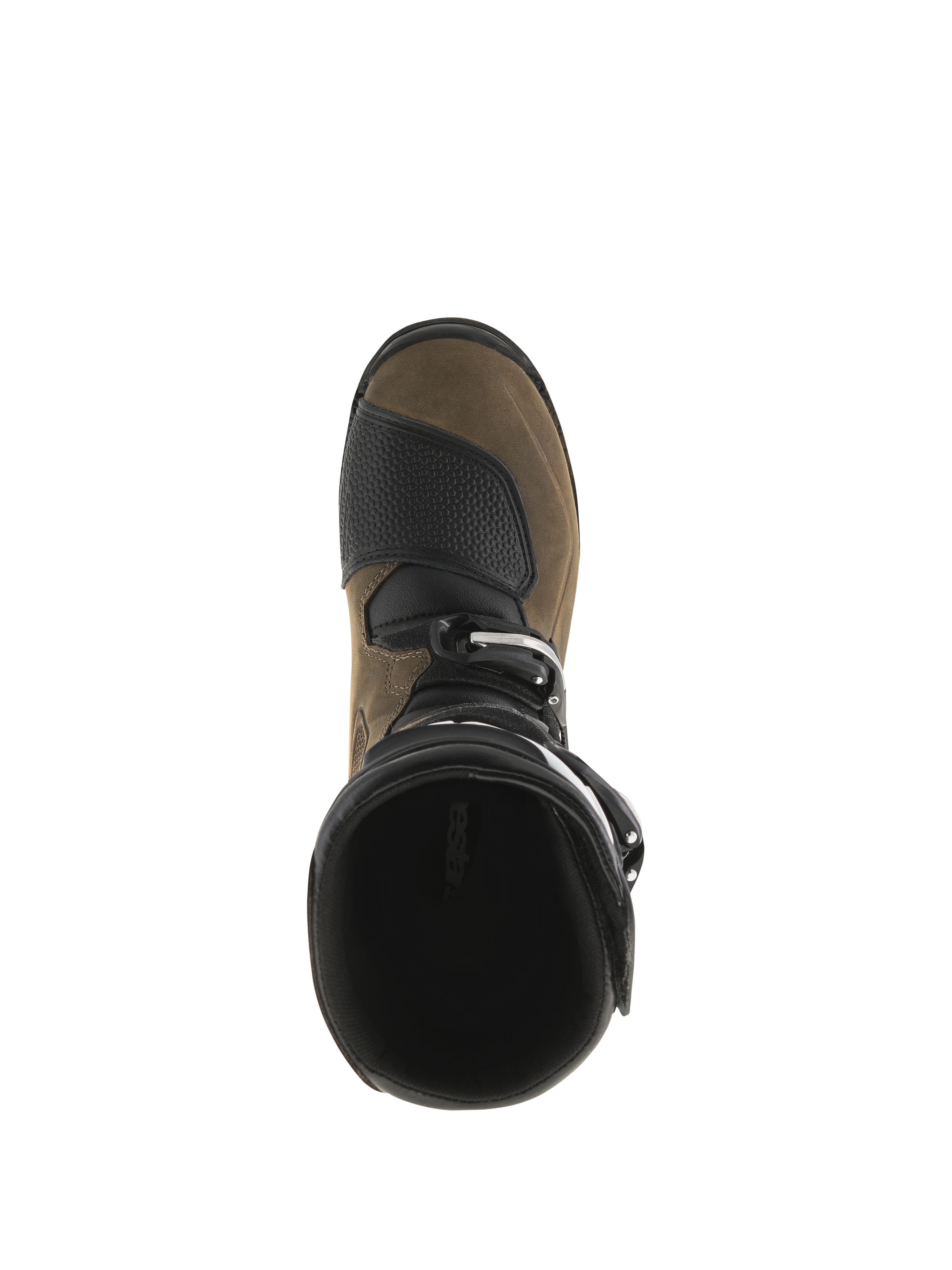 Alpinestars Tech-T Boots, botas de motocross para trial, color marrón aceitado y negro, vista superior que muestra la apertura de la bota y la puntera, paneles protectores texturizados, construcción de cuero resistente para la práctica de trial