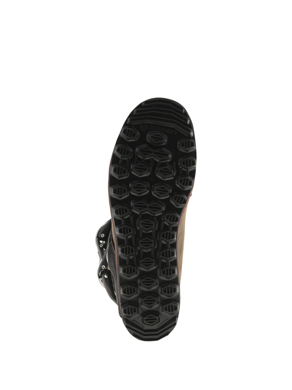 Botas Alpinestars Tech-T, botas de trial, cuero marrón aceitado, vista inferior de la suela negra exclusiva, patrón de dibujo hexagonal texturizado para mayor agarre y sensibilidad en las estriberas, construcción de goma duradera