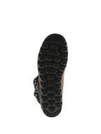 Botas Alpinestars Tech-T, botas de trial, cuero marrón aceitado, vista inferior de la suela negra exclusiva, patrón de dibujo hexagonal texturizado para mayor agarre y sensibilidad en las estriberas, construcción de goma duradera