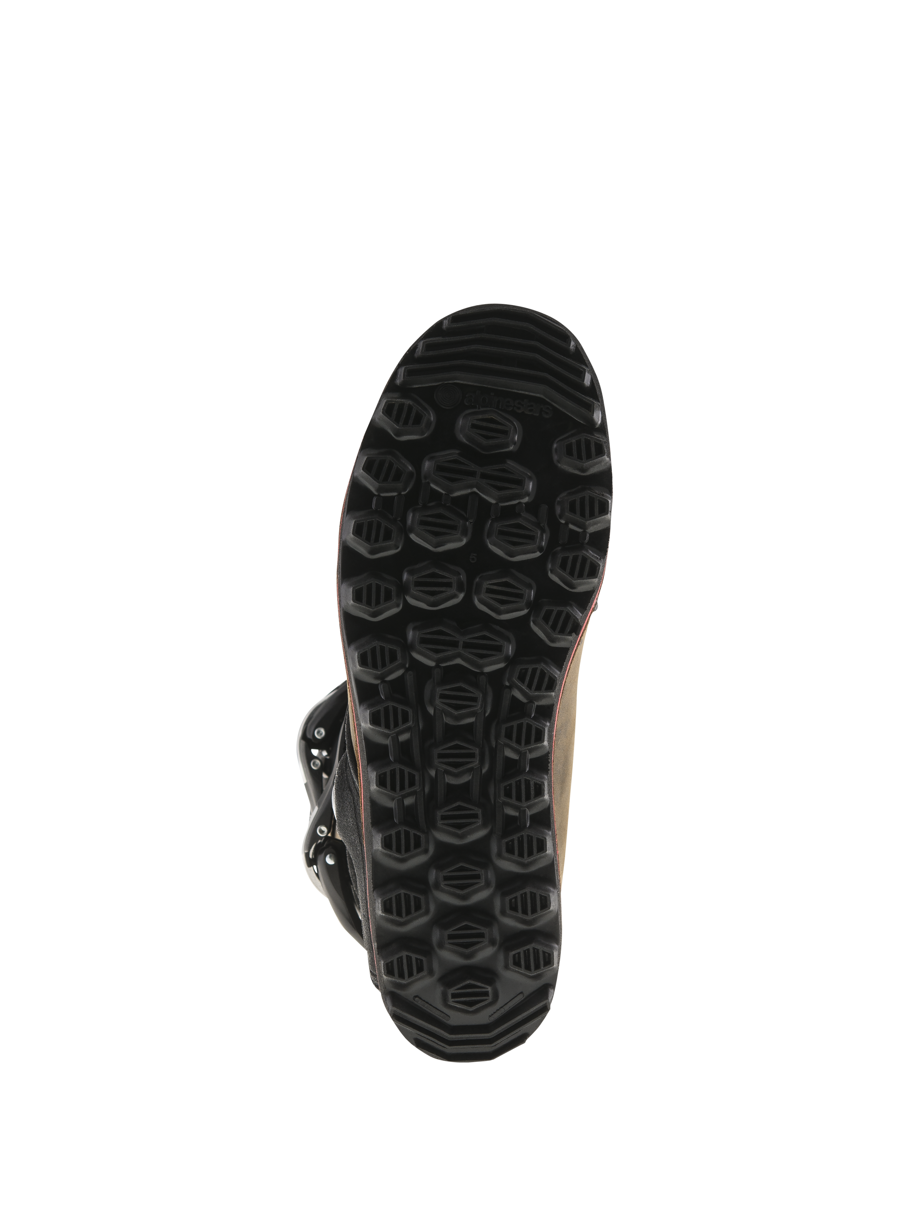 Botas Alpinestars Tech-T, botas de trial, cuero marrón aceitado, vista inferior de la suela negra exclusiva, patrón de dibujo hexagonal texturizado para mayor agarre y sensibilidad en las estriberas, construcción de goma duradera