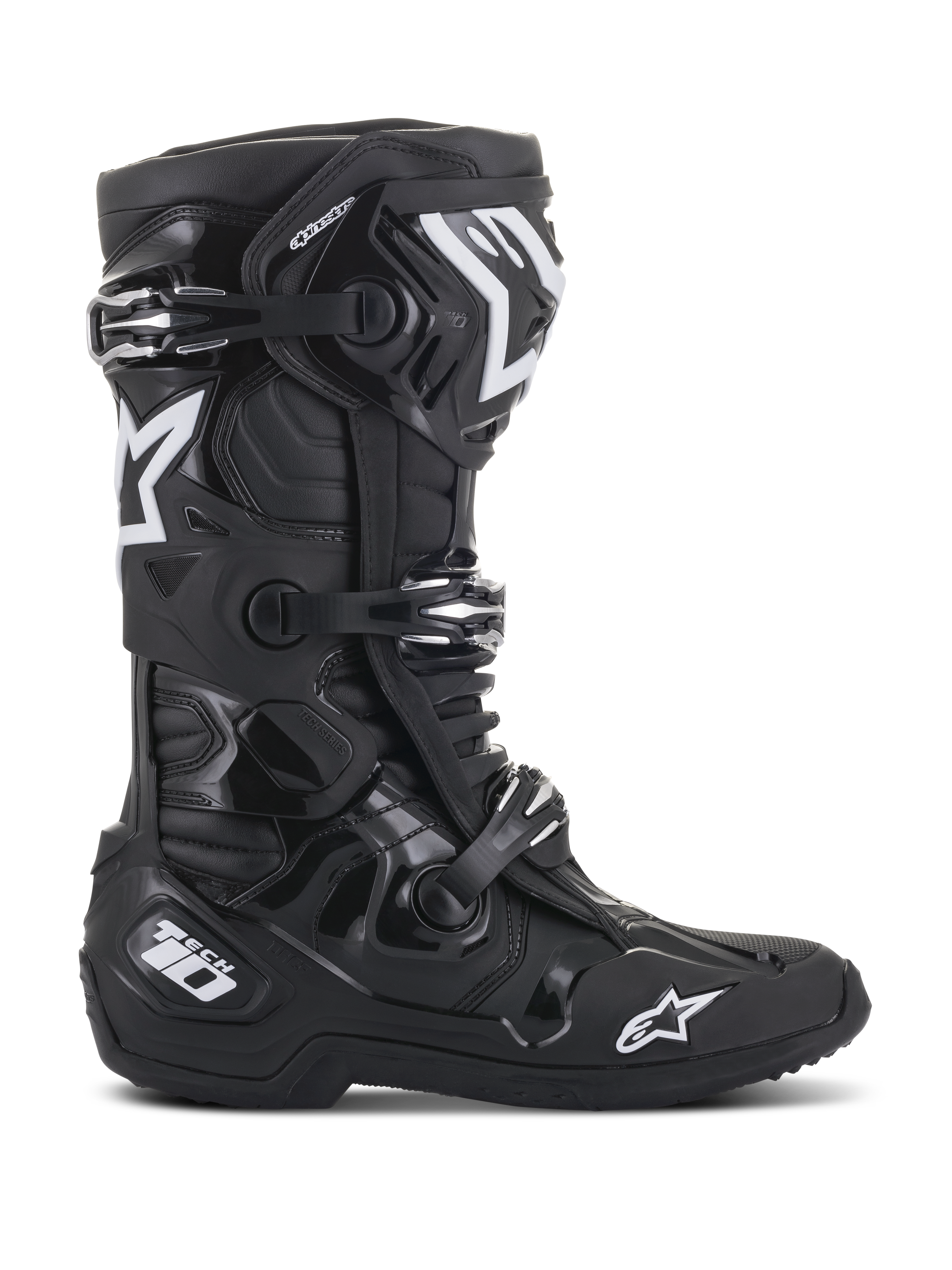 Alpinestars Tech 10 Boots, Motocross Boots, Black, side profile view featuring white Alpinestars star logos and Tech 10 branding, triple buckle closure system, robust TPU shell and microfiber construction for professional off-road racing