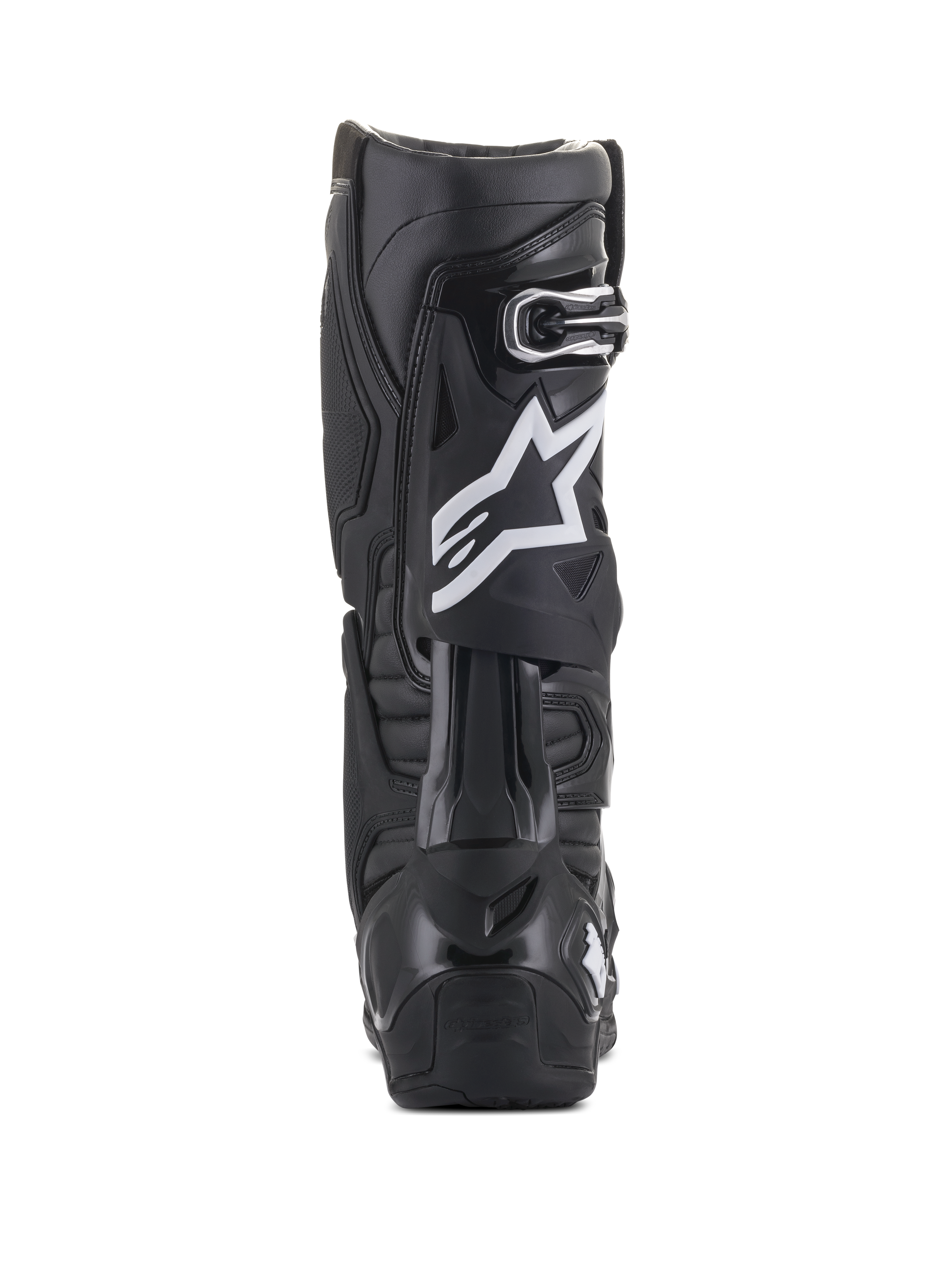 Alpinestars Tech 10 Boots, Black, Rear view featuring white star logo on the calf, durable TPU shell and microfiber construction, designed for high-performance motocross and off-road riding