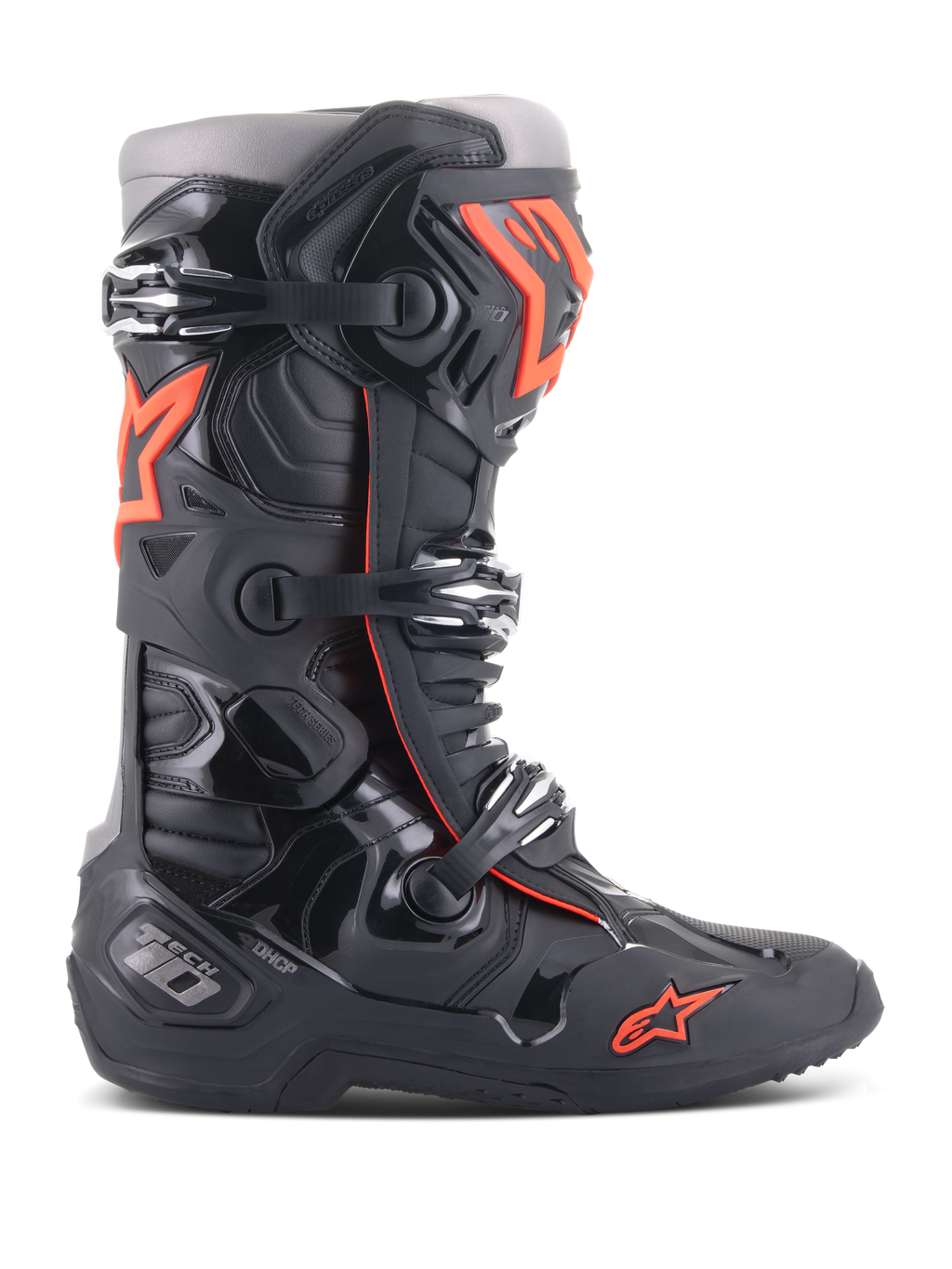 Alpinestars Tech 10, botas de motocross para competición todoterreno, negro y rojo flúor, con sistema de cierre de triple hebilla, carcasa protectora de TPU contorneada, logotipo de estrella roja en la puntera y construcción de alto rendimiento para conducción profesional de MX
