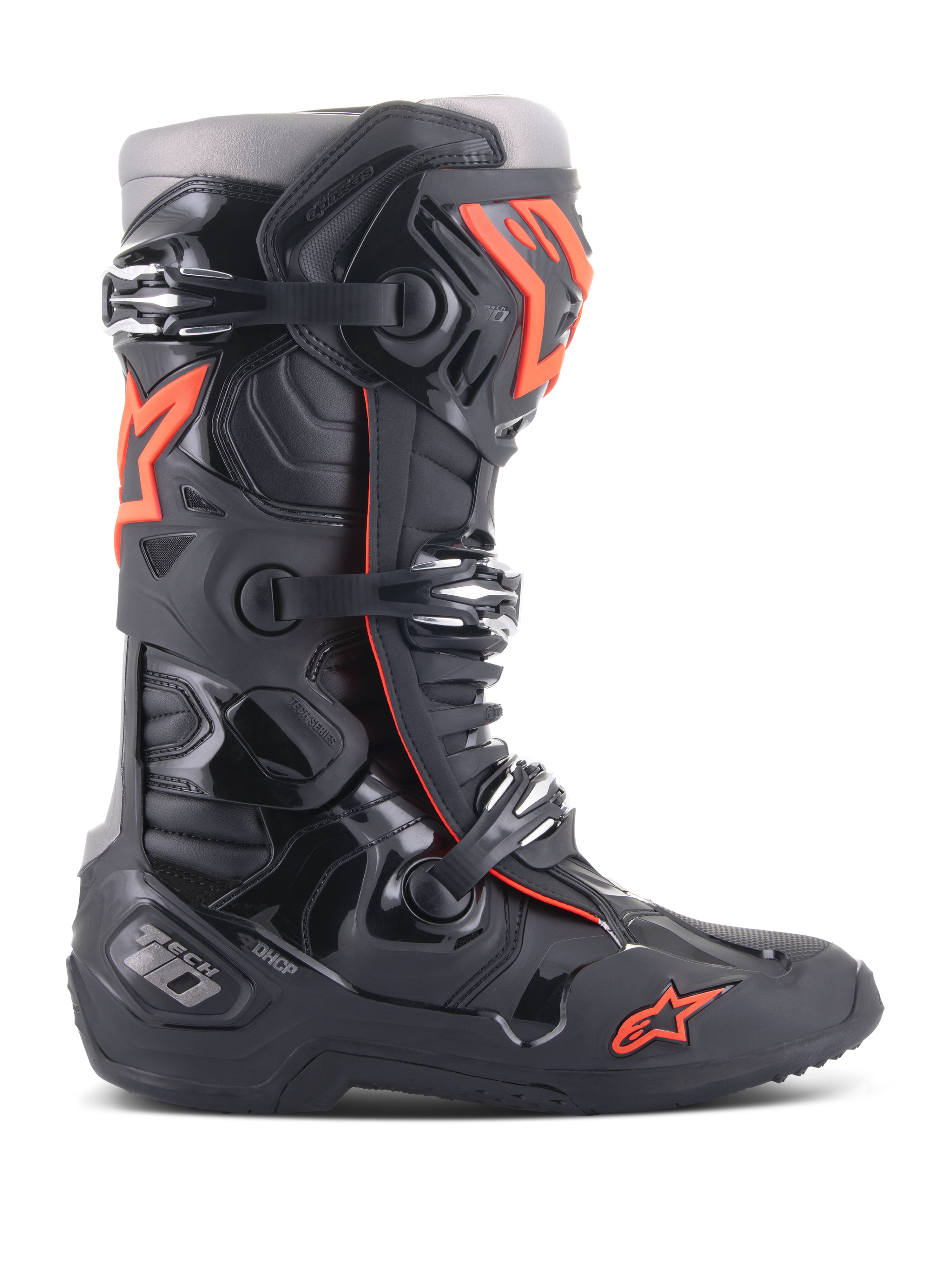 Alpinestars Tech 10, botas de motocross para competición todoterreno, negro y rojo flúor, con sistema de cierre de triple hebilla, carcasa protectora de TPU contorneada, logotipo de estrella roja en la puntera y construcción de alto rendimiento para conducción profesional de MX
