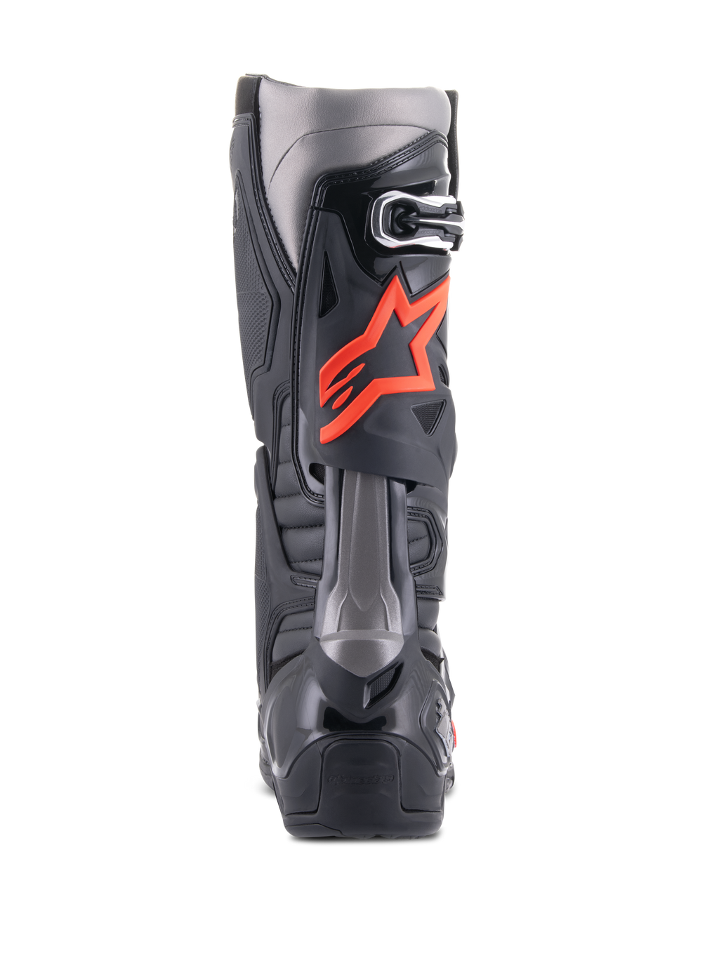 Botas Alpinestars Tech 10, botas de motocross, negro y rojo flúor, vista trasera con carcasa técnica de TPU, paneles gris oscuro y un prominente logotipo de estrella en rojo flúor en la pantorrilla.