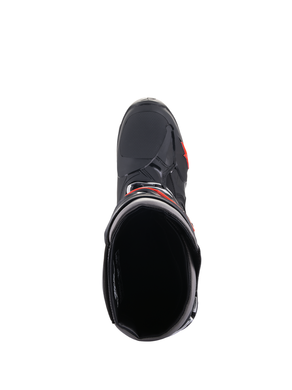Botas Alpinestars Tech 10, botas de motocross, negro y rojo flúor, vista superior mirando hacia la apertura de la bota, con carcasa negra estilizada, detalles rojos y puntera texturizada