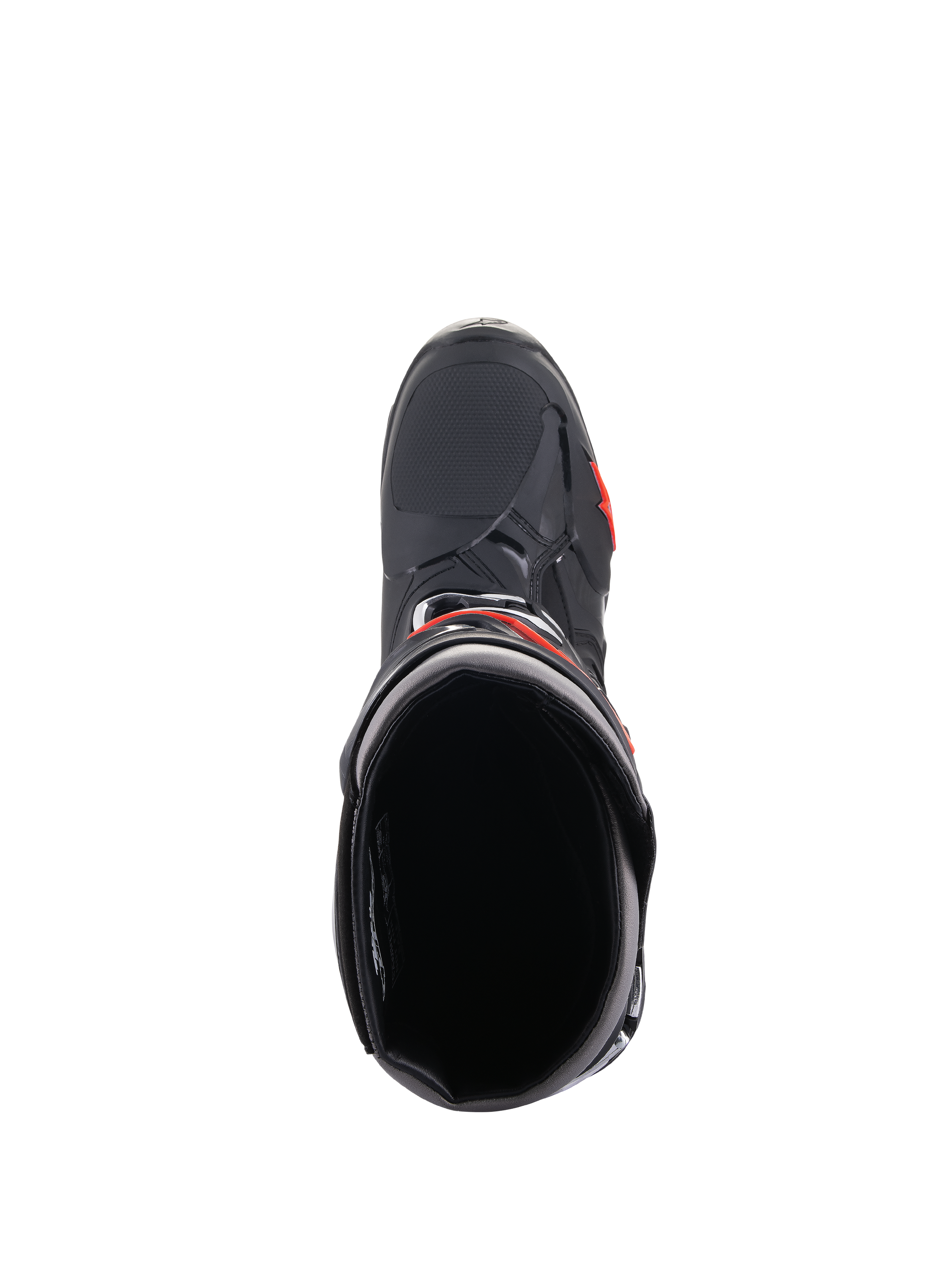 Botas Alpinestars Tech 10, botas de motocross, negro y rojo flúor, vista superior mirando hacia la apertura de la bota, con carcasa negra estilizada, detalles rojos y puntera texturizada