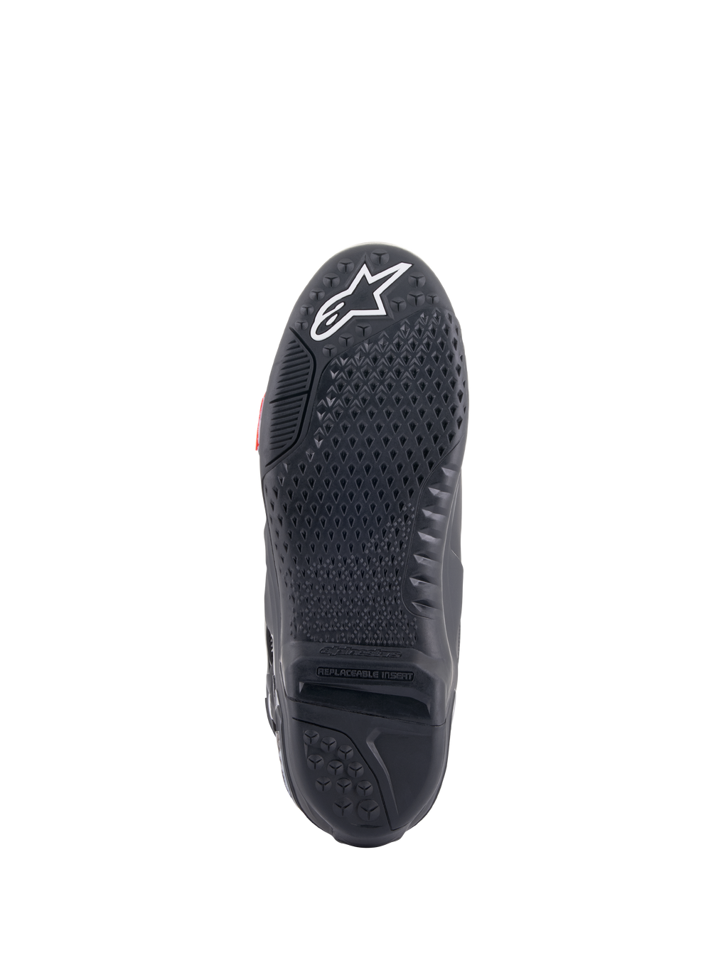 Botas Alpinestars Tech 10, botas de motocross, vista de la suela negra con escultura de agarre patentada y banda de rodadura texturizada, logotipo de estrella blanco en la puntera e inserto central de la suela reemplazable para rendimiento todoterreno