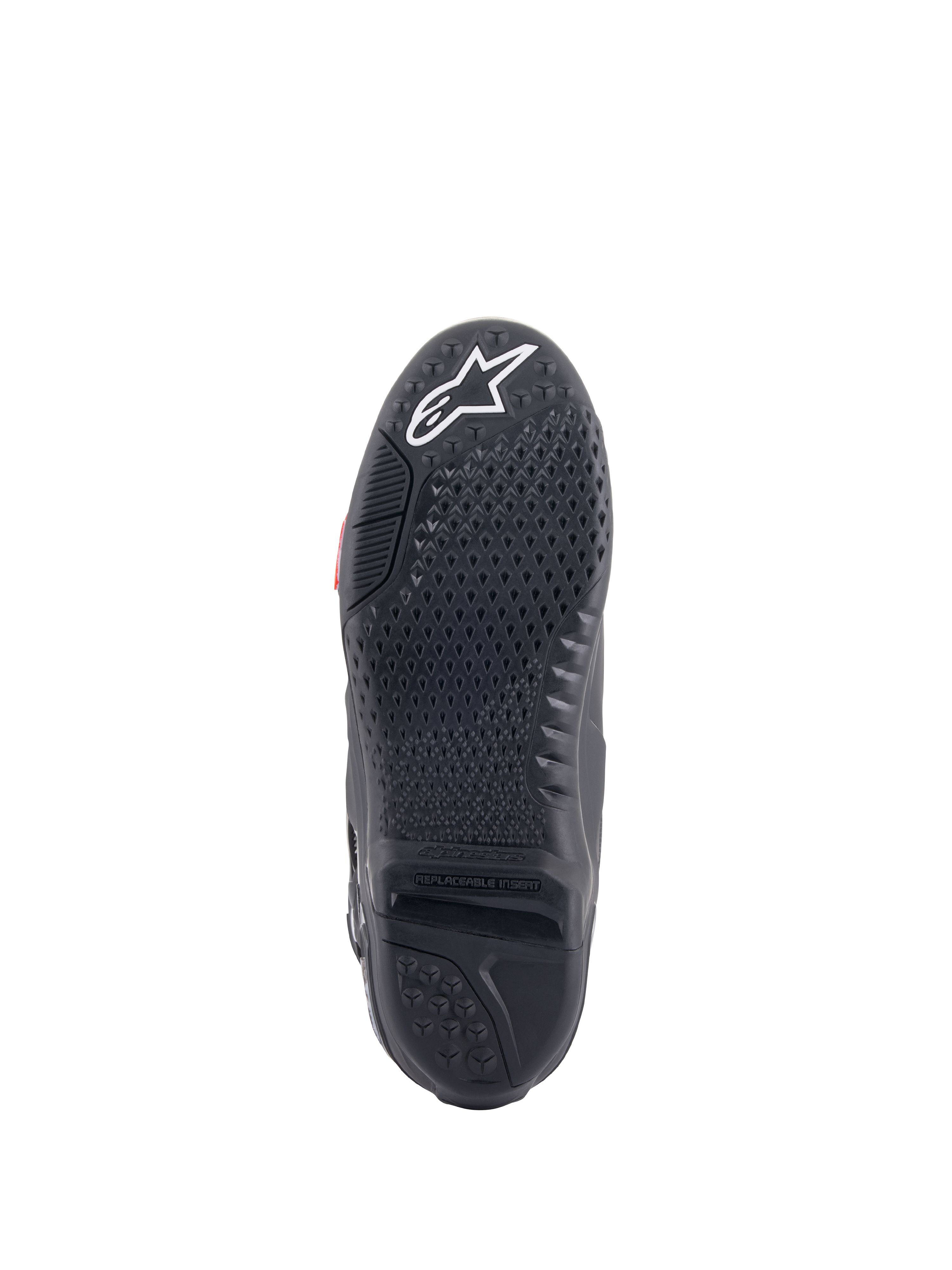 Botas Alpinestars Tech 10, botas de motocross, vista de la suela negra con escultura de agarre patentada y banda de rodadura texturizada, logotipo de estrella blanco en la puntera e inserto central de la suela reemplazable para rendimiento todoterreno
