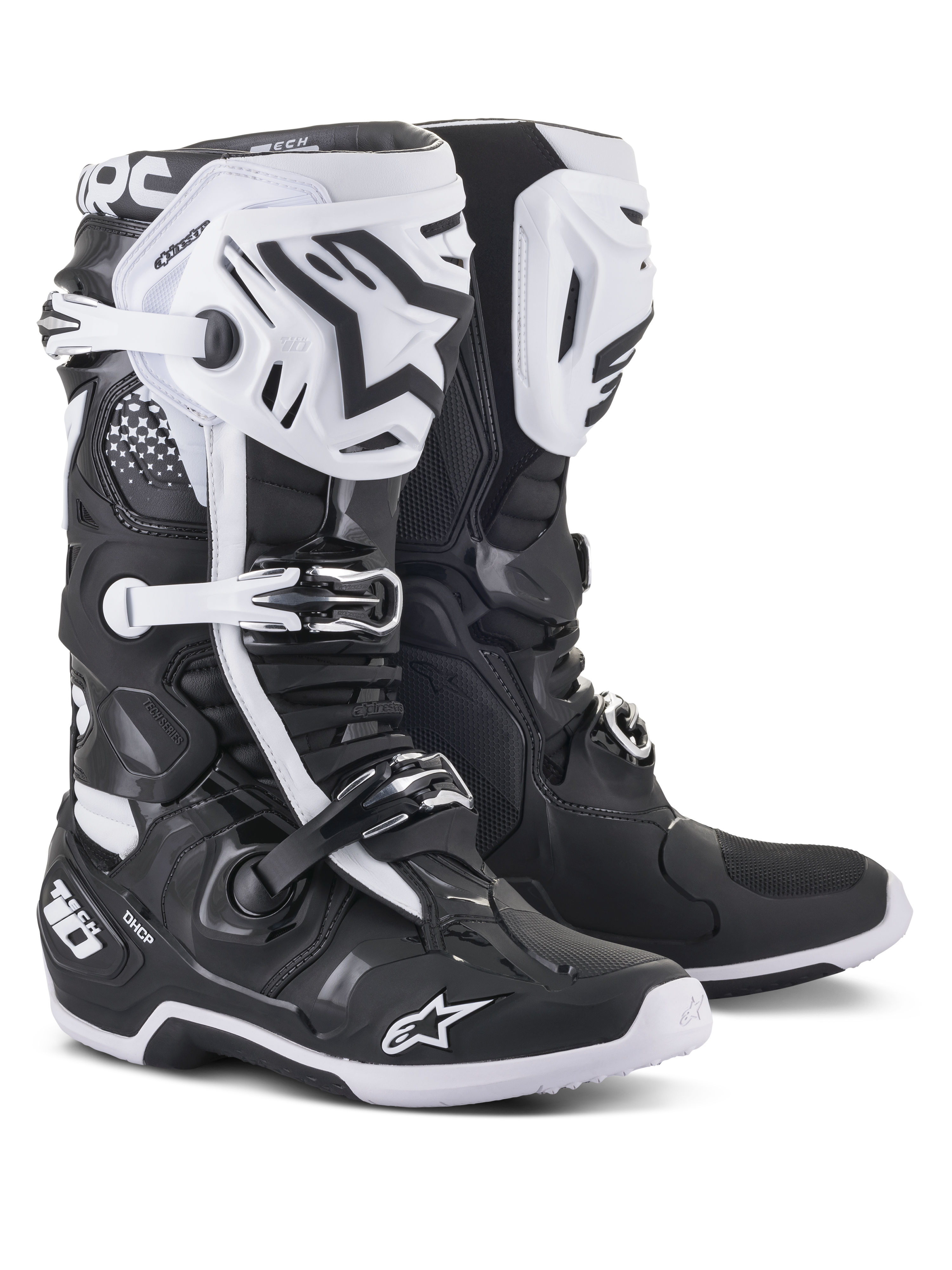 Botas de motocross Alpinestars Tech 10, negras y blancas, diseño protector de alto rendimiento con espinilleras blancas, logotipos de estrella negros, hebillas ajustables y protección de talón DHCP, suelas texturizadas robustas para carreras todoterreno