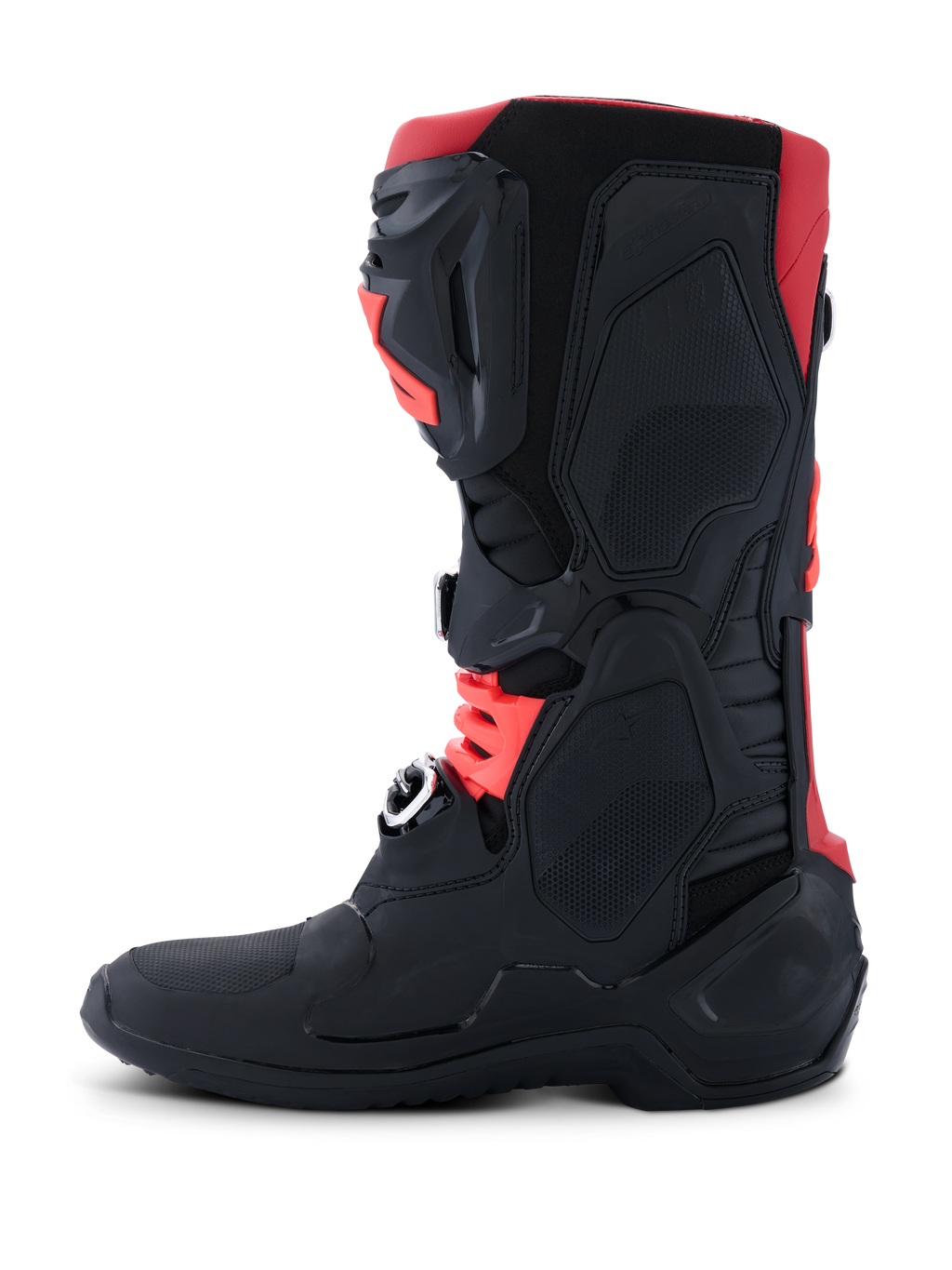 Botas Alpinestars Tech 10, botas de motocross, negro y rojo, vista lateral que muestra el chasis protector de TPU, hebillas de aluminio forjado en frío y diseño aerodinámico todoterreno