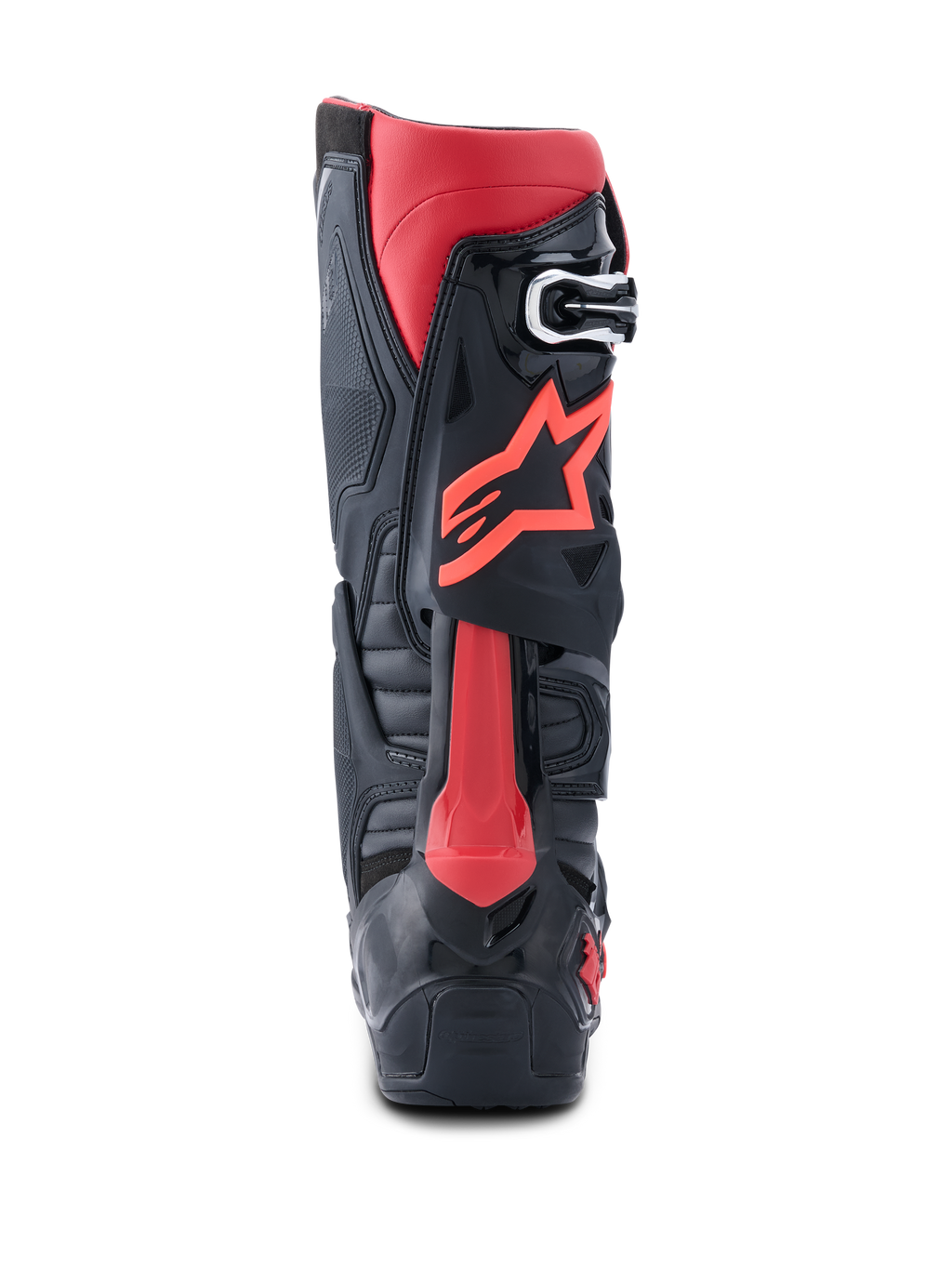 Botas Alpinestars Tech 10, botas de motocross, negras y rojas, vista trasera con logo Astars rojo, Protector Dinámico de Compresión del Talón y chasis de TPU robusto para competición todoterreno de alto rendimiento.