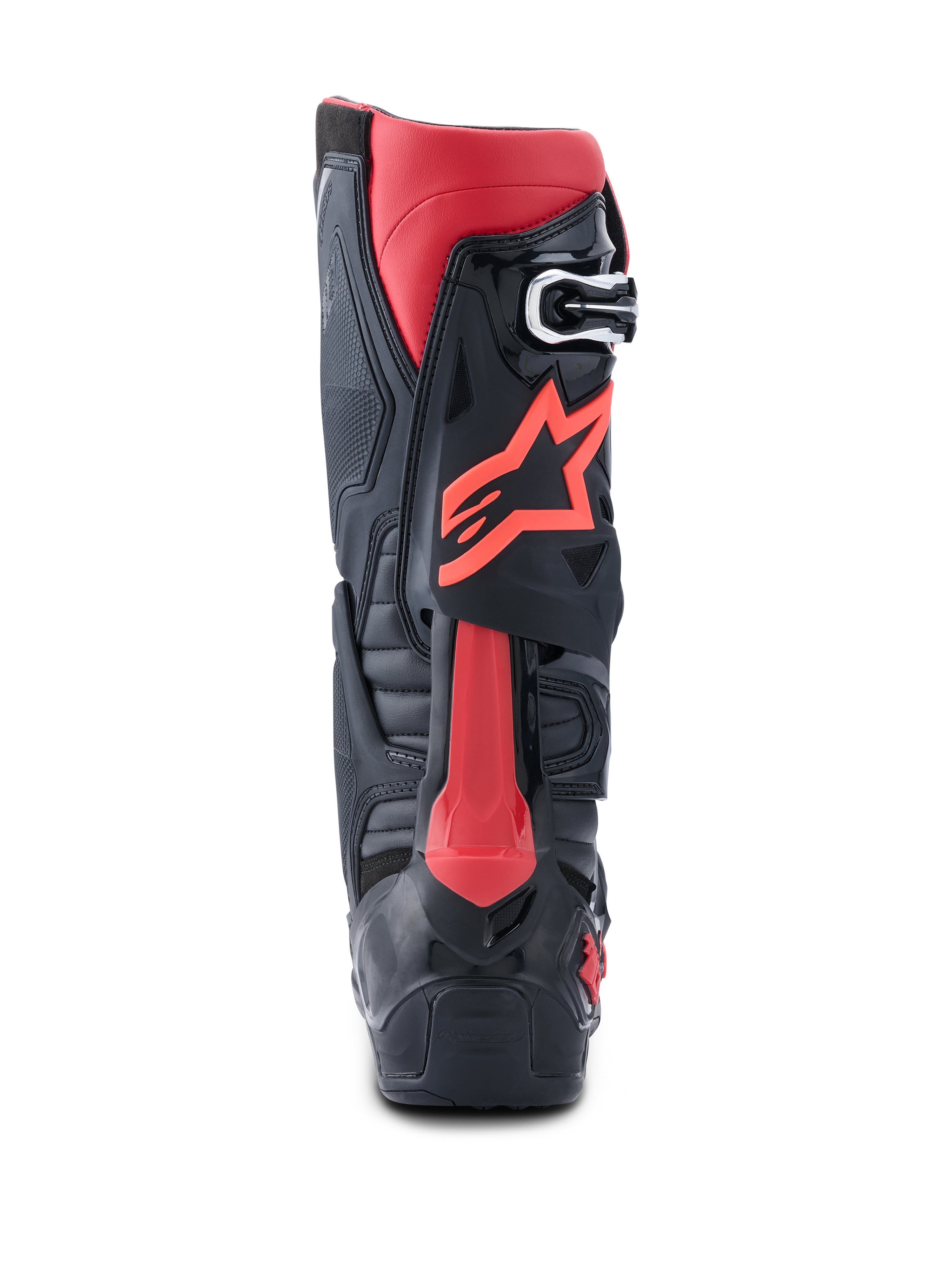 Botas Alpinestars Tech 10, botas de motocross, negras y rojas, vista trasera con logo Astars rojo, Protector Dinámico de Compresión del Talón y chasis de TPU robusto para competición todoterreno de alto rendimiento.