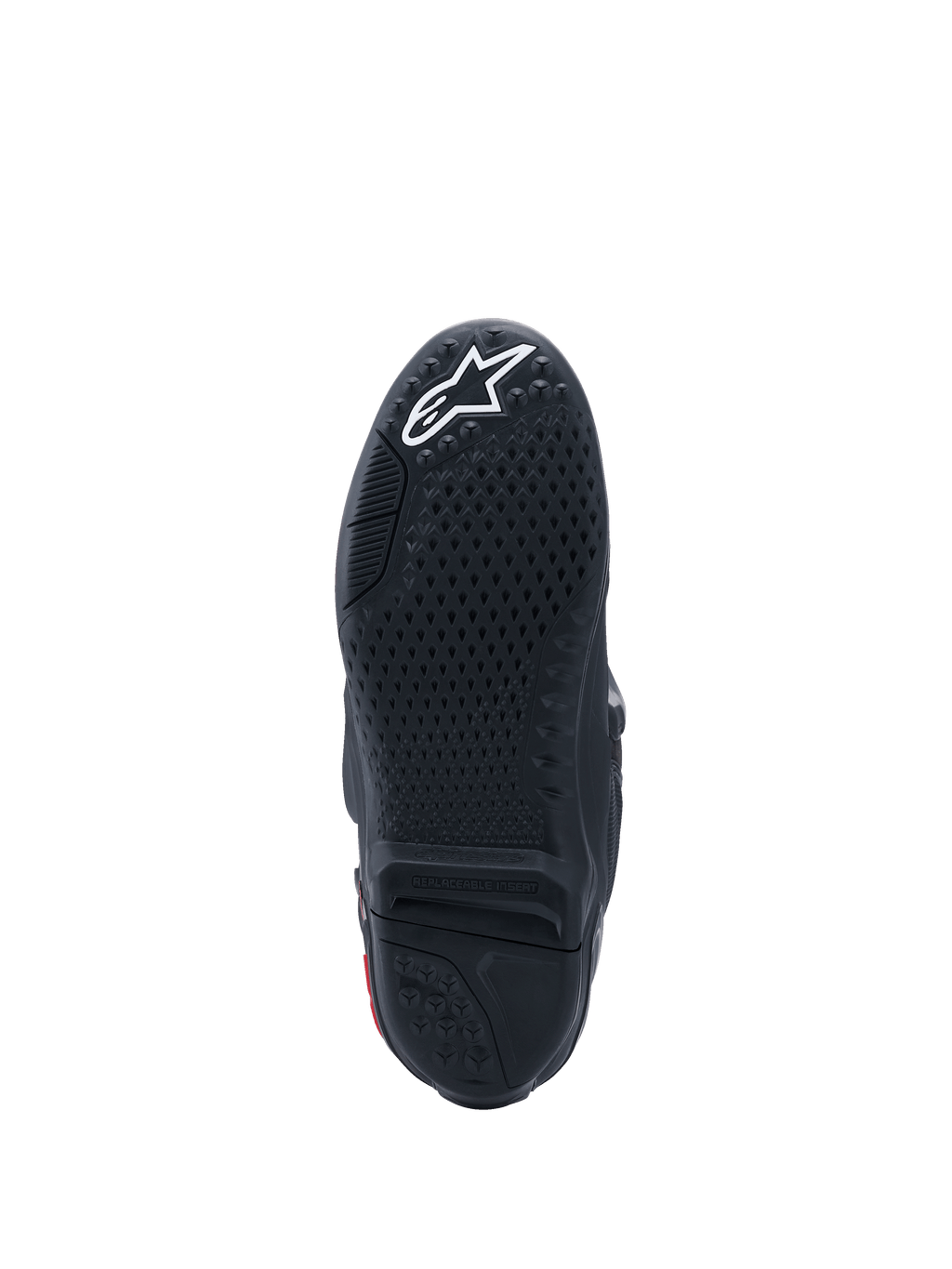 Botas Alpinestars Tech 10, vista de la suela, color negro con logotipo blanco, patrón de agarre texturizado, inserto central reemplazable, calzado de motocross de alto rendimiento