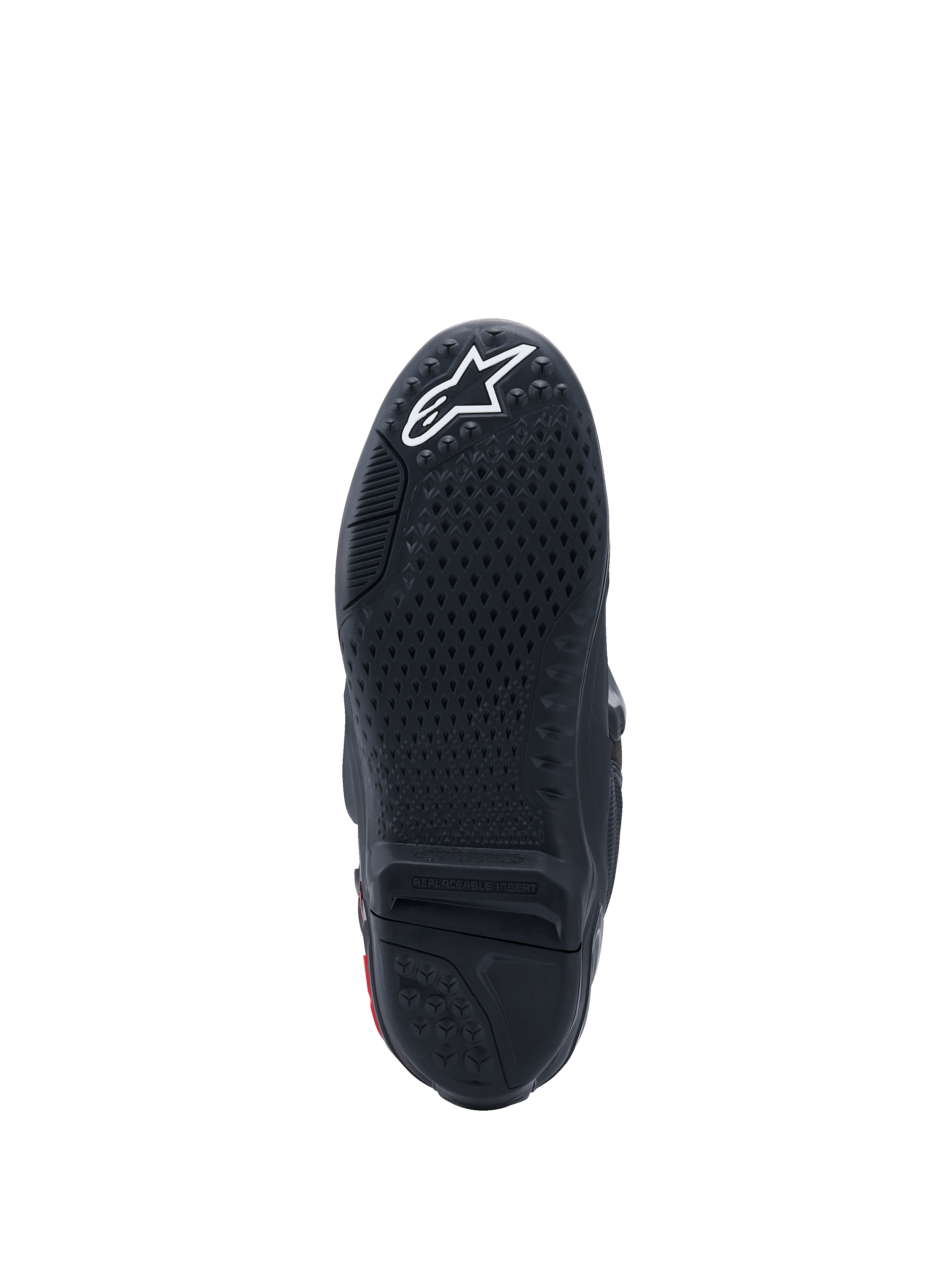 Botas Alpinestars Tech 10, vista de la suela, color negro con logotipo blanco, patrón de agarre texturizado, inserto central reemplazable, calzado de motocross de alto rendimiento