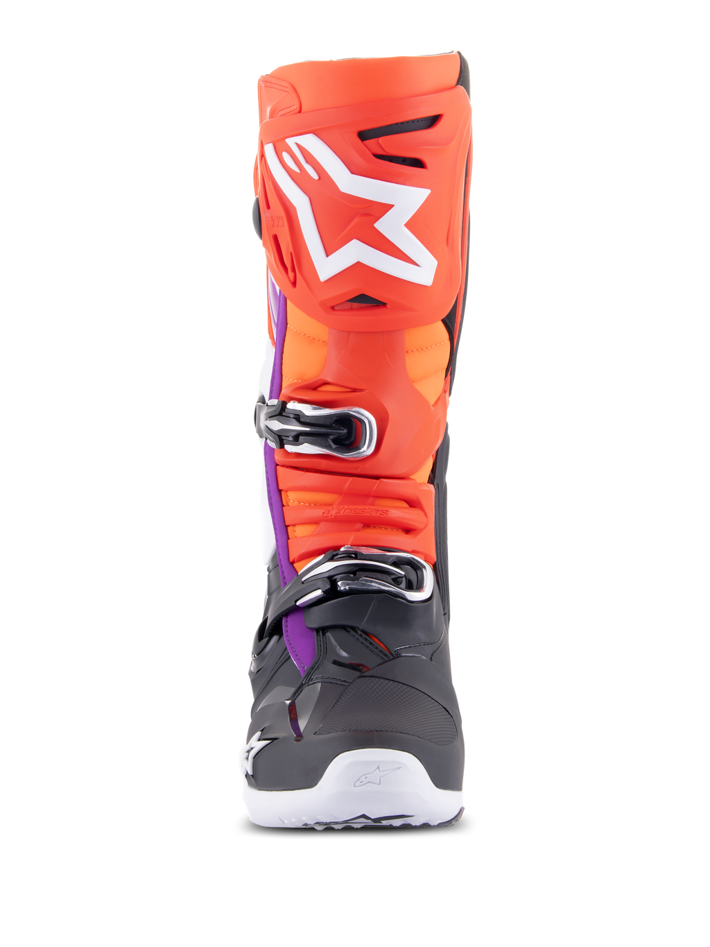 Botas Alpinestars Tech 10, botas de motocross, negro, rojo flúor, naranja flúor y blanco con detalles en púrpura, vista frontal con sistema de cierre de múltiples hebillas y logotipo blanco grande en el protector de espinilla