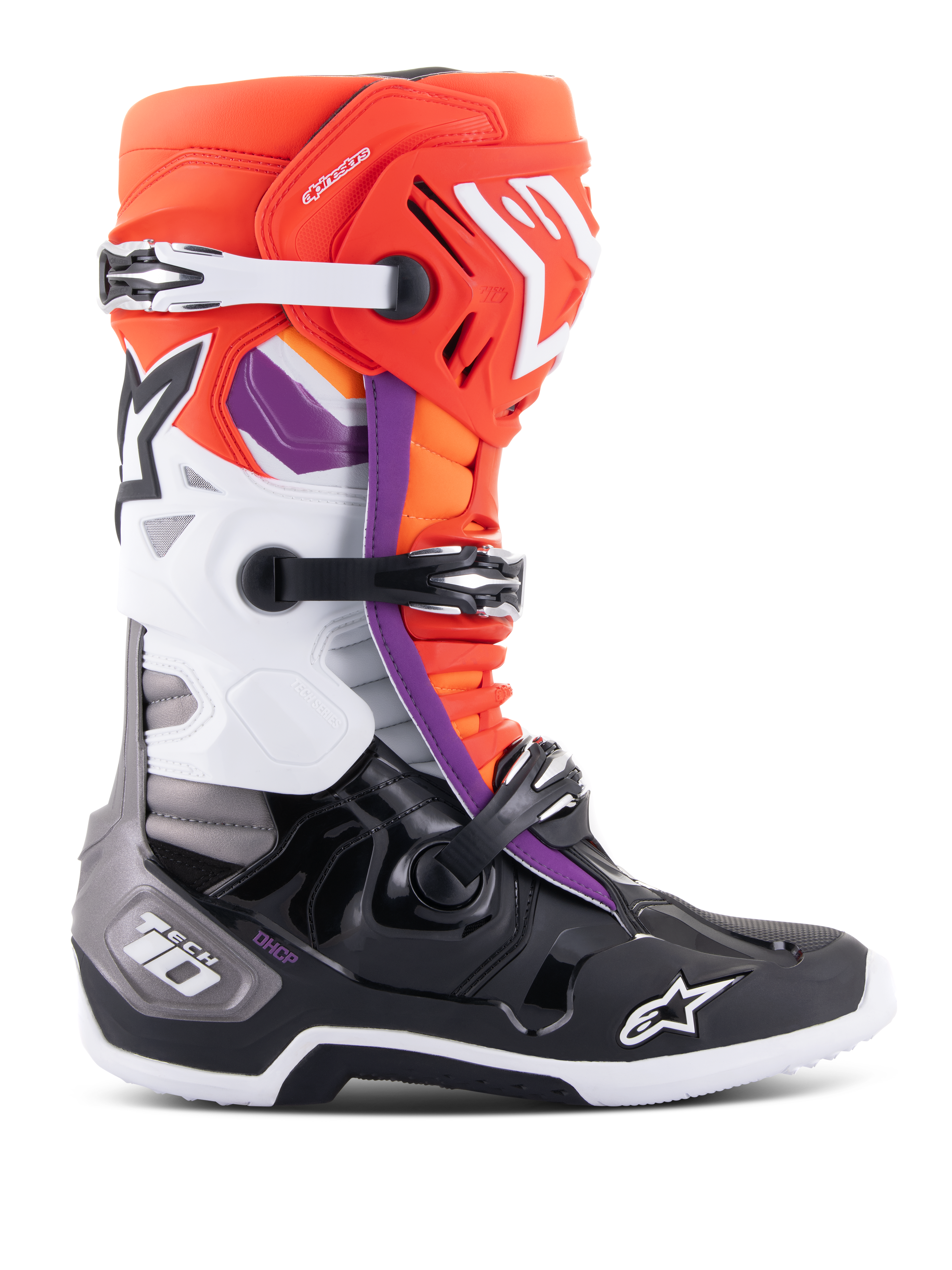 Botas Alpinestars Tech 10, botas de motocross, en color negro, naranja flúor, blanco y detalles en púrpura, con sistema de cierre de triple hebilla, logos de estrella en la espinilla y la punta, y protección de talón DHCP, vista de perfil de calzado de competición todoterreno.