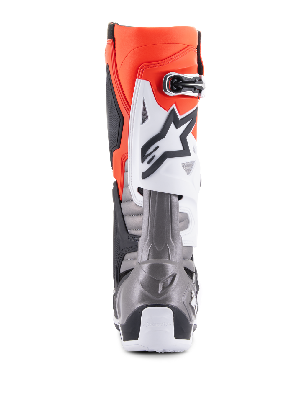 Botas Alpinestars Tech 10, botas de motocross, negro, rojo flúor, naranja flúor y blanco, vista trasera que muestra una parte superior naranja brillante, placa protectora blanca con logo negro y sección del talón en gris metálico para rendimiento en carreras todoterreno