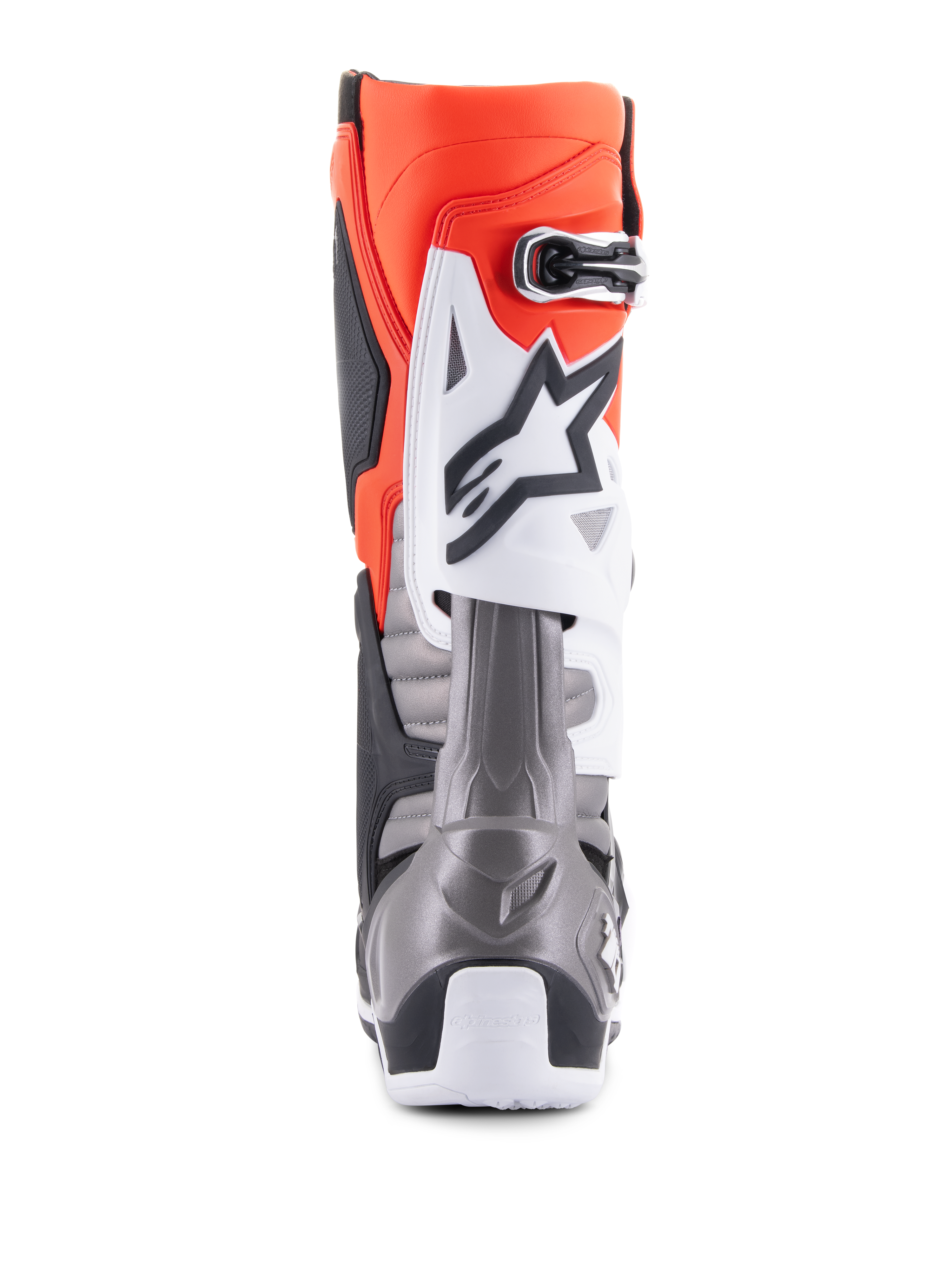 Botas Alpinestars Tech 10, botas de motocross, negro, rojo flúor, naranja flúor y blanco, vista trasera que muestra una parte superior naranja brillante, placa protectora blanca con logo negro y sección del talón en gris metálico para rendimiento en carreras todoterreno
