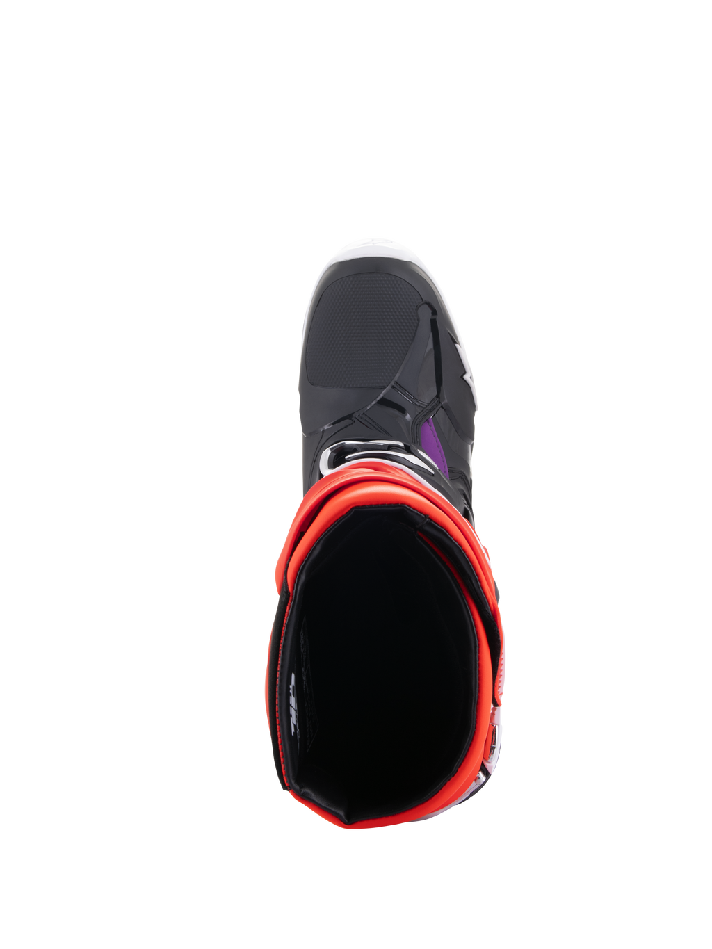 Botas Alpinestars Tech 10, botas de motocross, negro, rojo flúor, naranja flúor y blanco, vista superior que muestra la apertura interior y la puntera, calzado protector para todoterreno