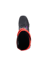 Botas Alpinestars Tech 10, botas de motocross, negro, rojo flúor, naranja flúor y blanco, vista superior que muestra la apertura interior y la puntera, calzado protector para todoterreno