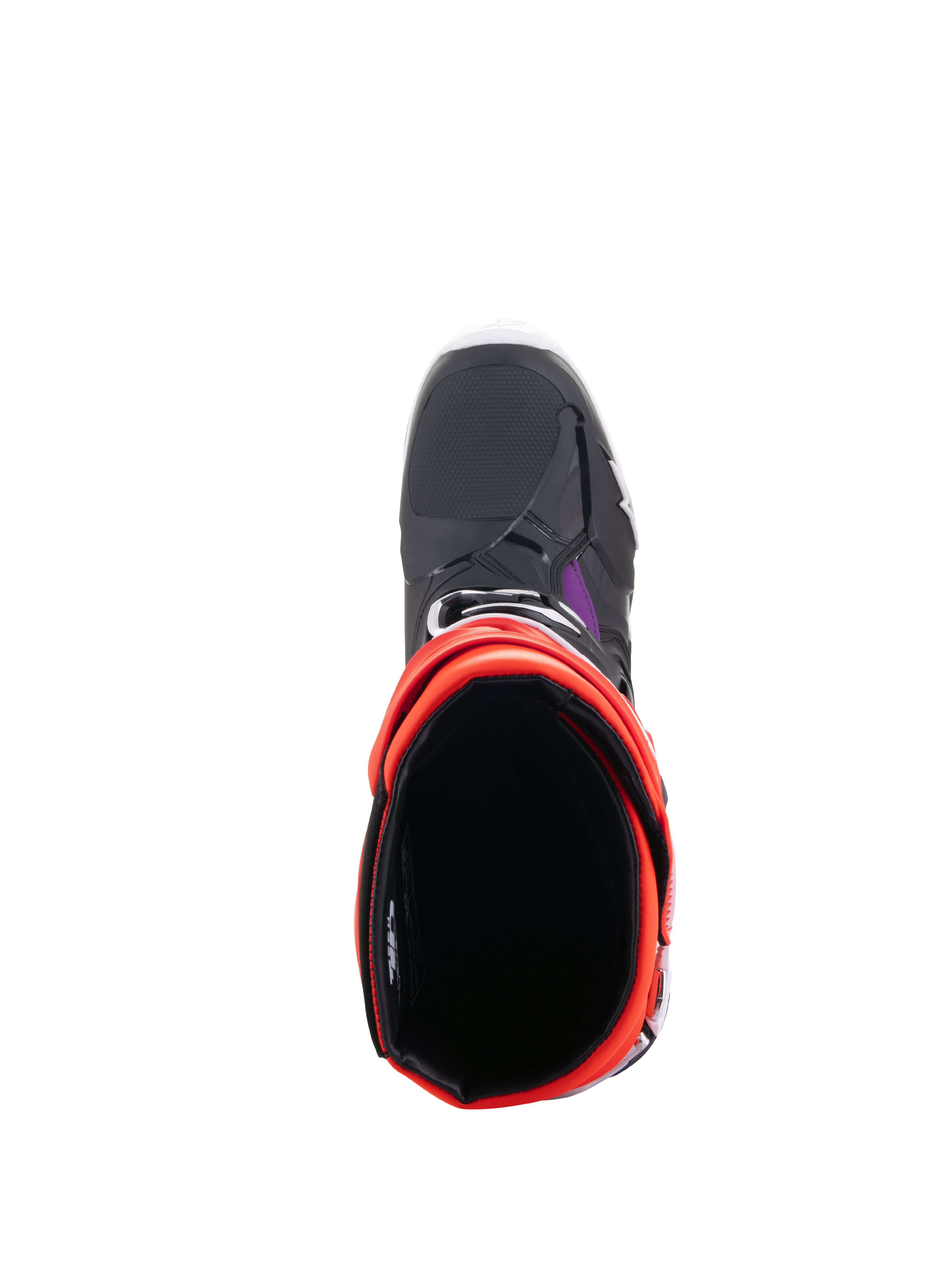 Botas Alpinestars Tech 10, botas de motocross, negro, rojo flúor, naranja flúor y blanco, vista superior que muestra la apertura interior y la puntera, calzado protector para todoterreno