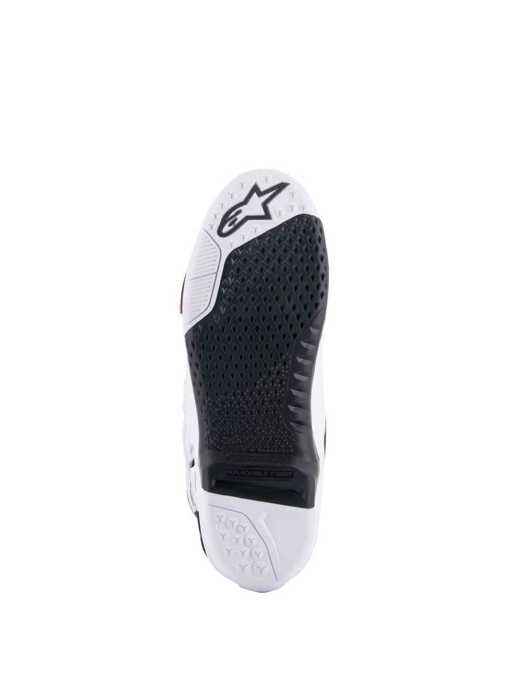 Botas Alpinestars Tech 10, botas de motocross, vista inferior que muestra el inserto central reemplazable negro y la suela blanca, patrón de agarre texturizado, logotipo de la estrella de Alpinestars en la zona de la puntera, calzado duradero para todoterreno