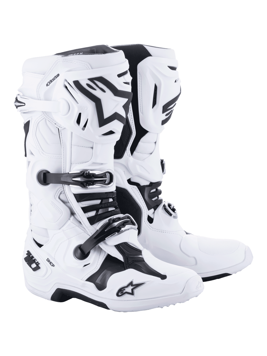 Botas de Motocross Alpinestars Tech 10, blancas con detalles en negro, diseño robusto de corte alto con un sistema de cierre de triple hebilla, protección de carcasa de TPU y control de flexión avanzado, calzado profesional para carreras off-road