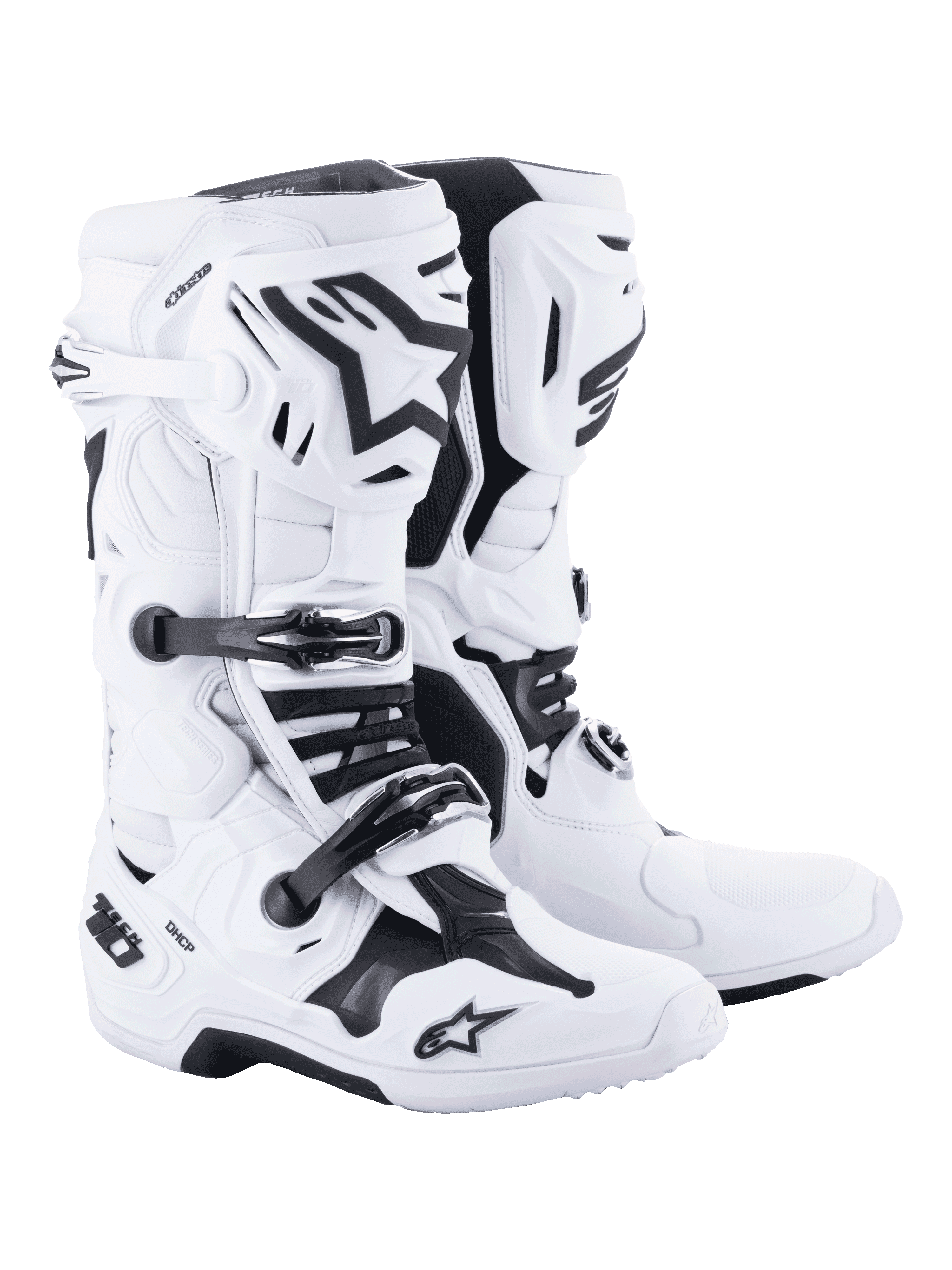 Botas de Motocross Alpinestars Tech 10, blancas con detalles en negro, diseño robusto de corte alto con un sistema de cierre de triple hebilla, protección de carcasa de TPU y control de flexión avanzado, calzado profesional para carreras off-road