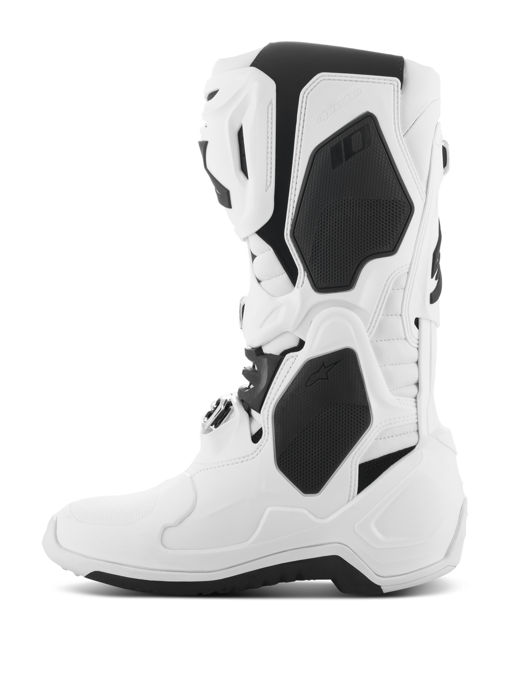 Botas Alpinestars Tech 10, botas de motocross, blancas con detalles en negro, vista de perfil lateral que muestra las carcasas protectoras de TPU, sistema de cierre con hebillas y diseño aerodinámico de alto rendimiento para competición off-road