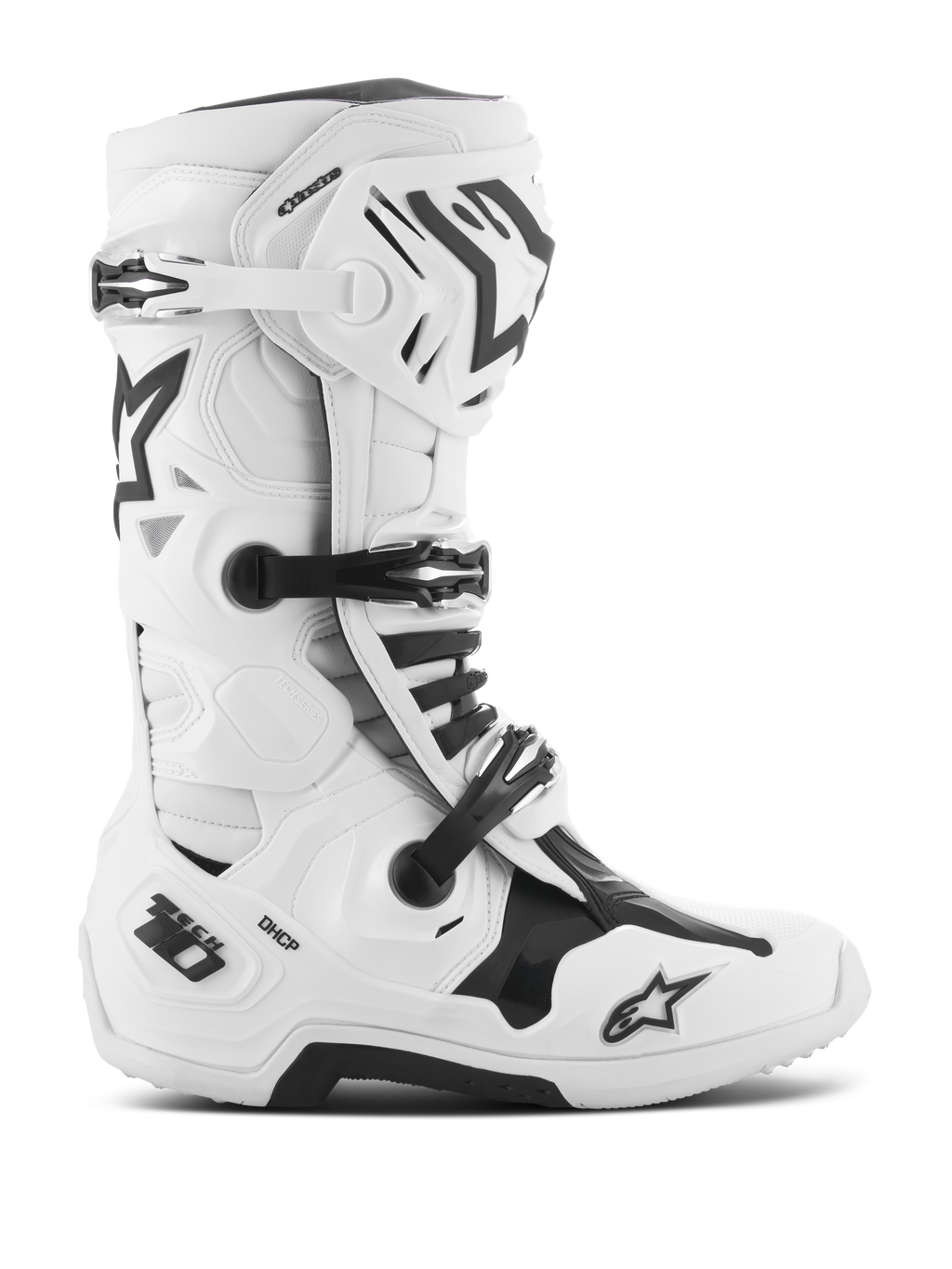 Botas Alpinestars Tech 10, botas de motocross para competición, blancas y negras, sistema de cierre con triple hebilla, carcasa de TPU reforzada con logotipos 'Tech 10' y 'DHCP', suela gruesa y robusta, calzado de protección con certificación CE para carreras todoterreno