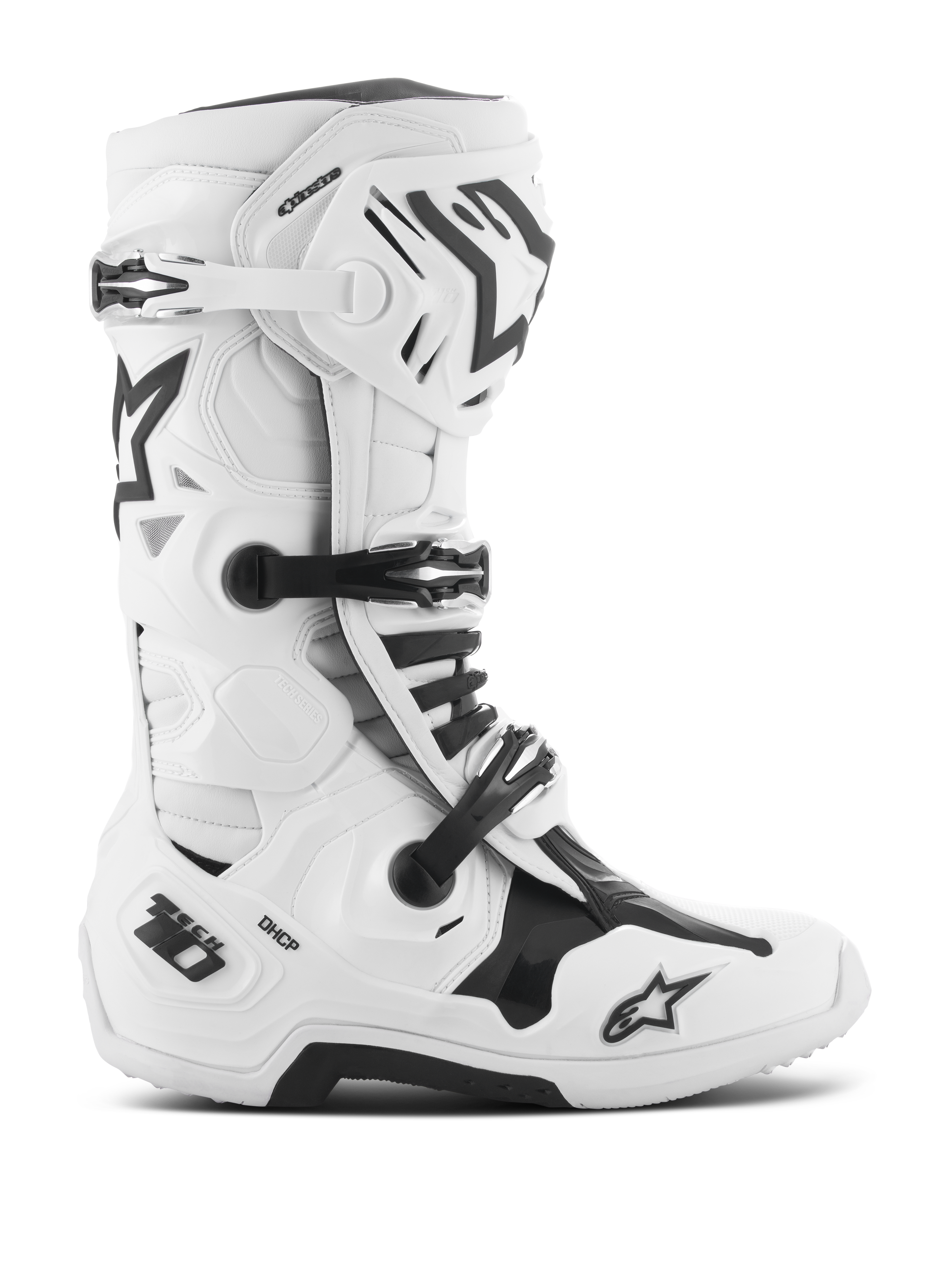 Botas Alpinestars Tech 10, botas de motocross para competición, blancas y negras, sistema de cierre con triple hebilla, carcasa de TPU reforzada con logotipos 'Tech 10' y 'DHCP', suela gruesa y robusta, calzado de protección con certificación CE para carreras todoterreno