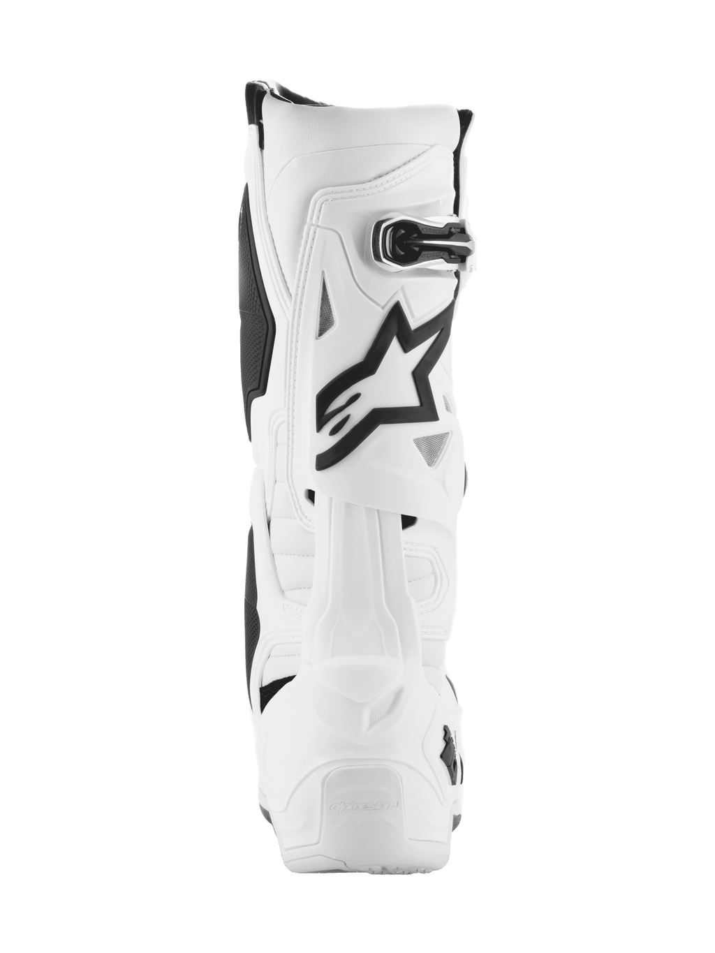 Botas Alpinestars Tech 10, botas de motocross, blancas con detalles en negro, vista trasera con el logotipo Astar en negro y cierre de hebilla, diseño protector avanzado para carreras off-road