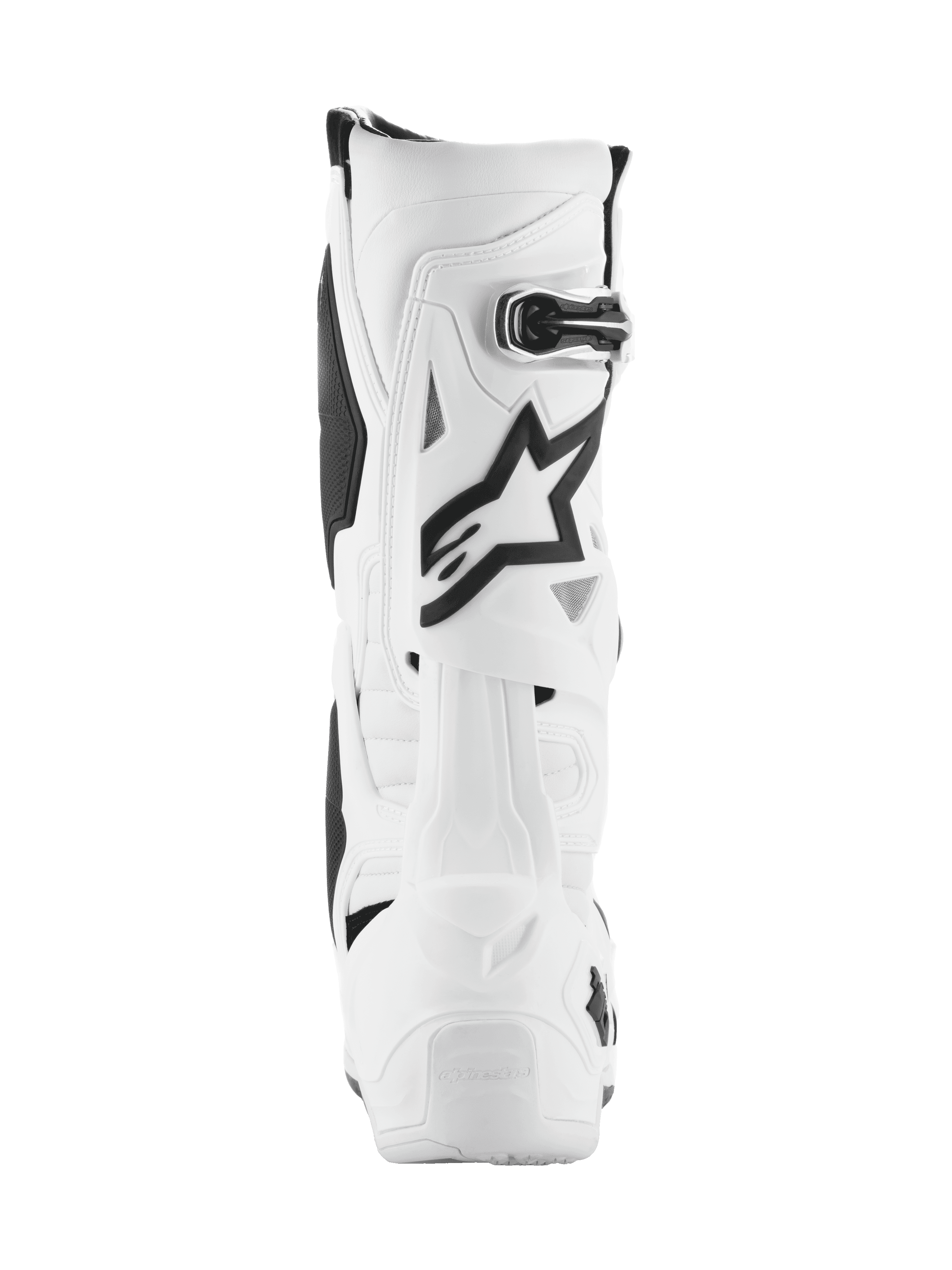 Botas Alpinestars Tech 10, botas de motocross, blancas con detalles en negro, vista trasera con el logotipo Astar en negro y cierre de hebilla, diseño protector avanzado para carreras off-road