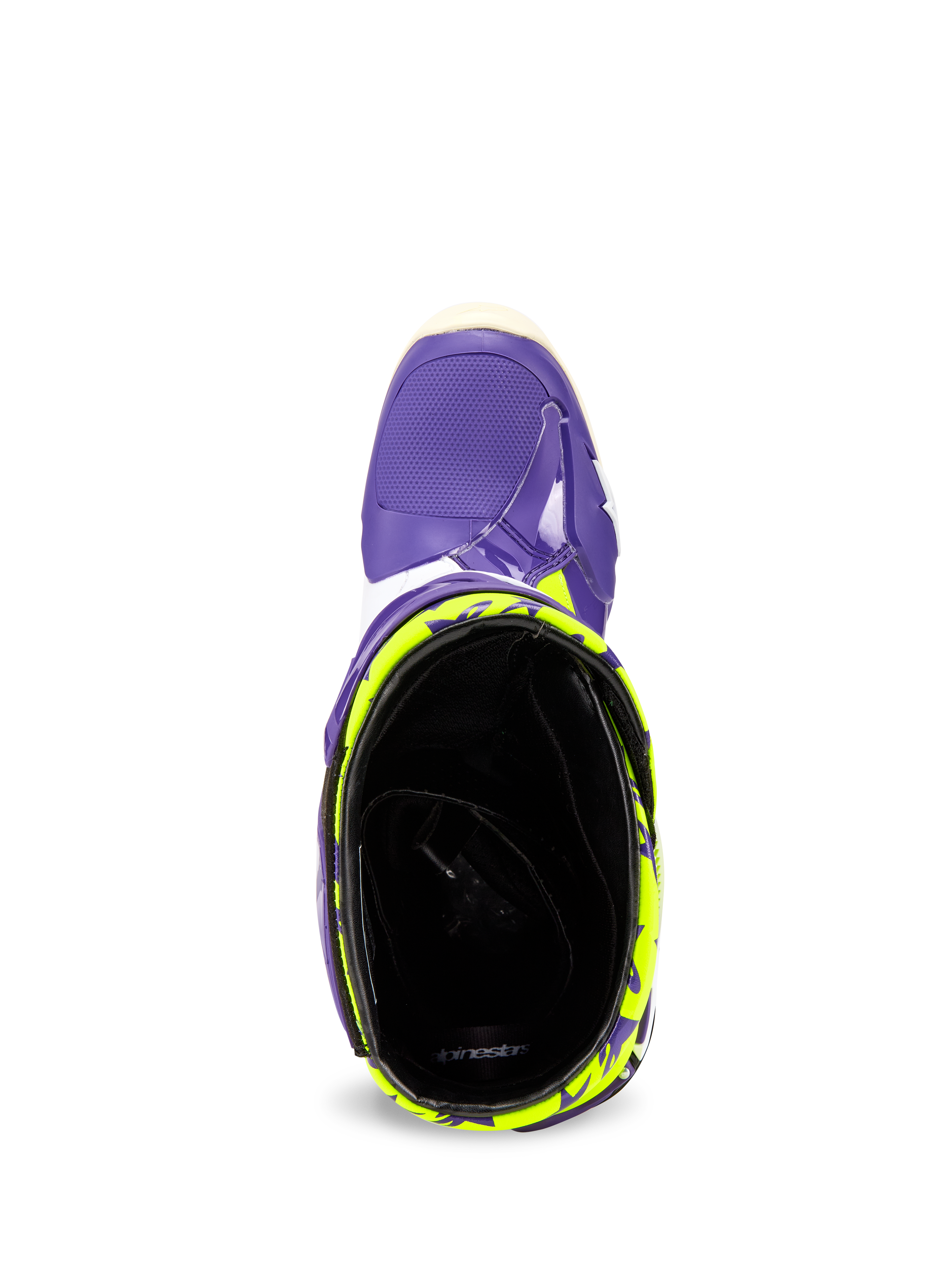 Alpinestars Tech 10 Dirt Studios® LE Boots, top-down view looking into the ankle opening, purple shell with fluo yellow patterns, black interior lining, high-performance motocross footwear.