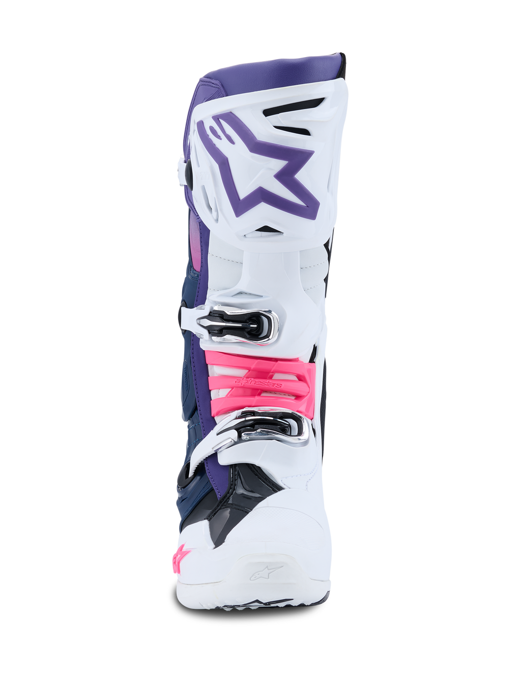 Botas Alpinestars Tech 10, botas de motocross, blanco, violeta, azul marino y rosa flúor, vista frontal, con una carcasa protectora blanca con la parte superior violeta, logotipo de estrella púrpura y detalles de hebillas en rosa flúor, calzado todoterreno de nivel profesional
