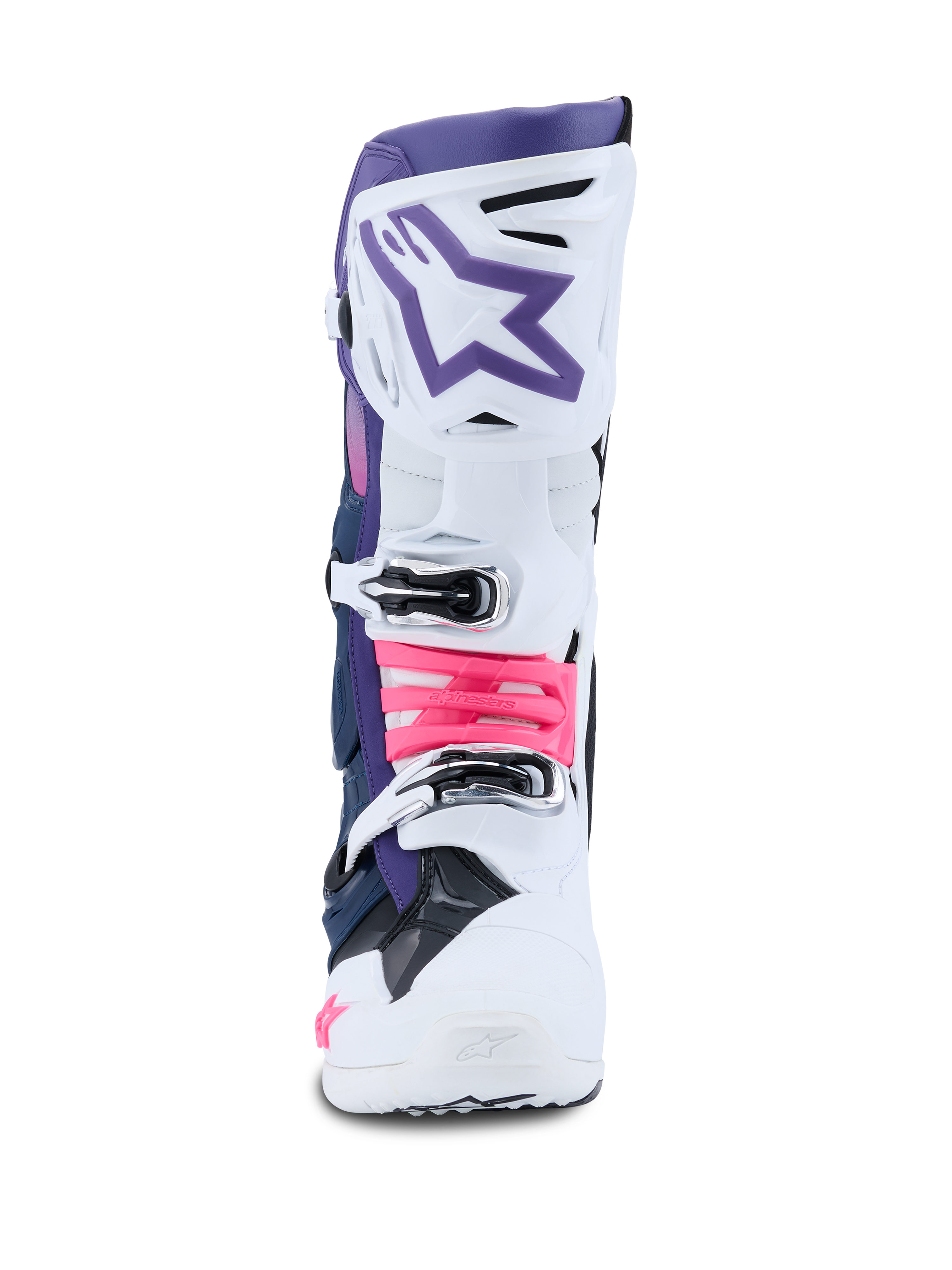 Botas Alpinestars Tech 10, botas de motocross, blanco, violeta, azul marino y rosa flúor, vista frontal, con una carcasa protectora blanca con la parte superior violeta, logotipo de estrella púrpura y detalles de hebillas en rosa flúor, calzado todoterreno de nivel profesional