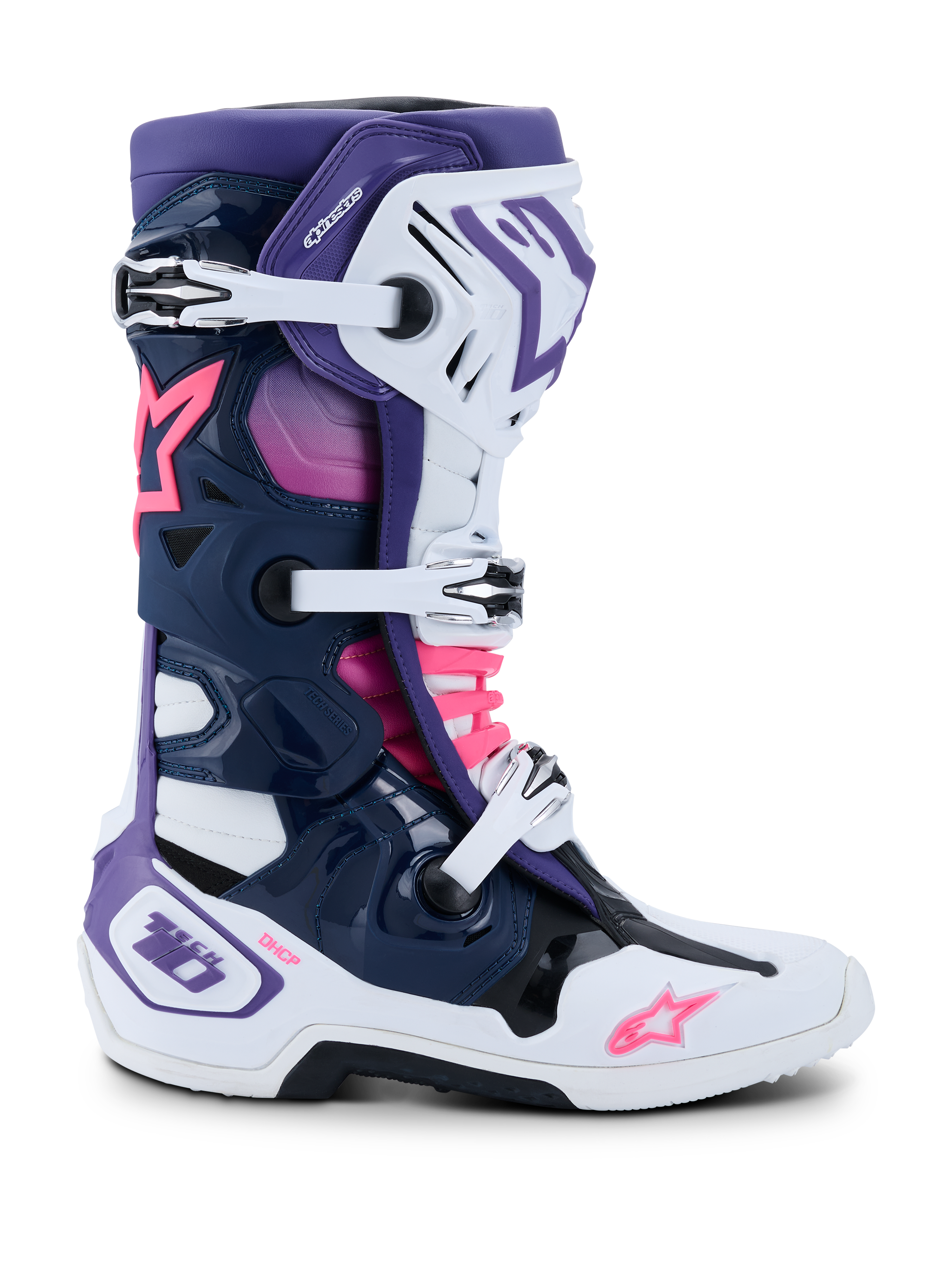 Botas Alpinestars Tech 10, botas de motocross, blanco, violeta, azul marino y rosa fluorescente, vista lateral con cierre de triple hebilla, chasis protector de TPU, logotipos de estrella de Alpinestars y marca DHCP, calzado de competición todoterreno de alto rendimiento
