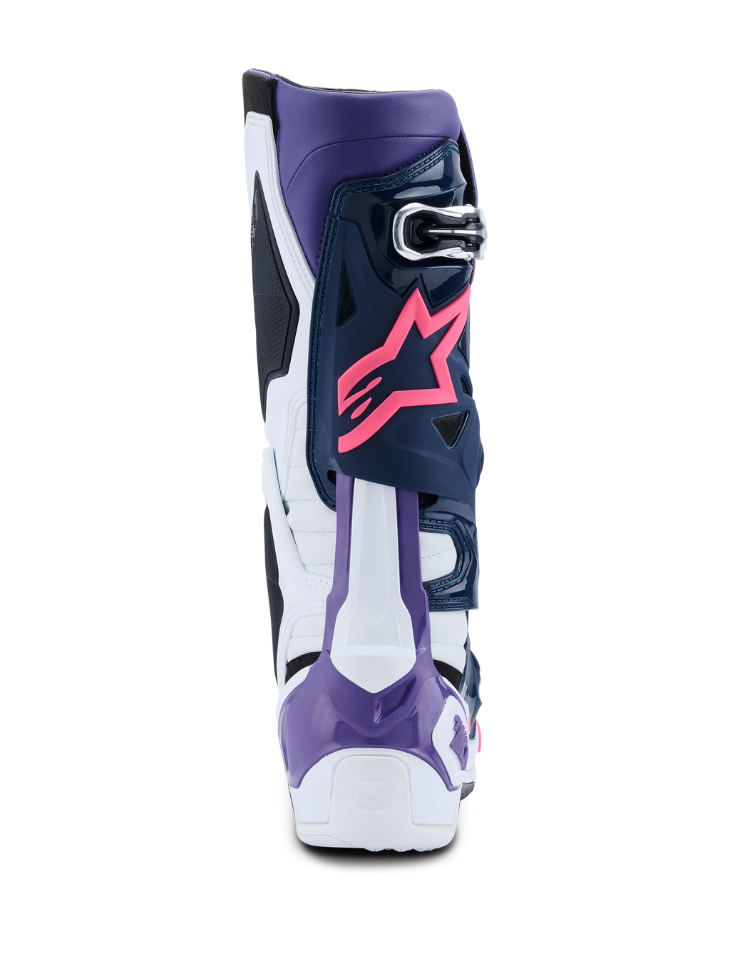 Botas Alpinestars Tech 10, botas de motocross, blanco, violeta, azul marino y rosa fluo, vista trasera con el logotipo de la estrella Alpinestars en rosa, protector de talón violeta y paneles protectores multicolores de alto rendimiento