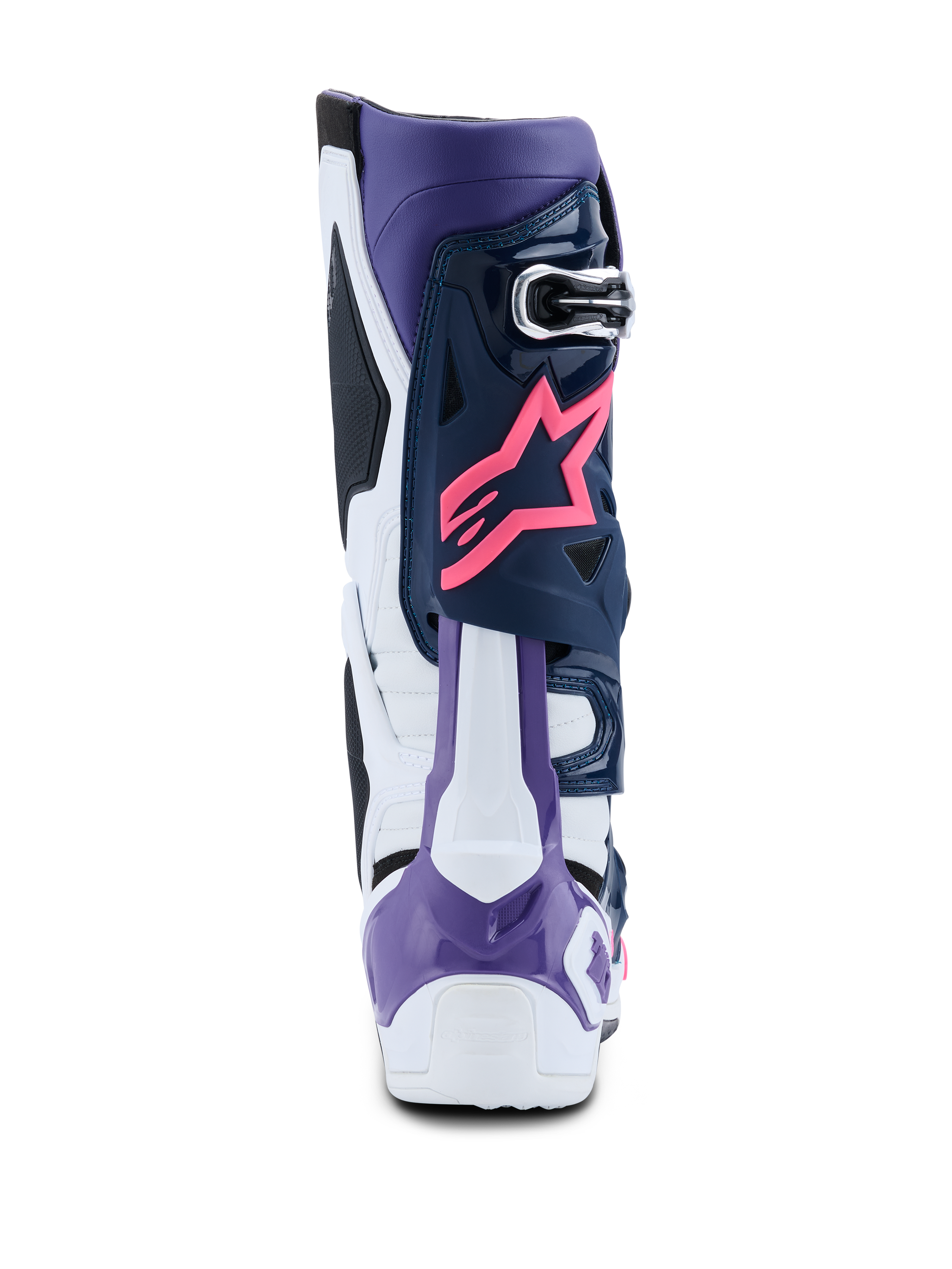 Botas Alpinestars Tech 10, botas de motocross, blanco, violeta, azul marino y rosa fluo, vista trasera con el logotipo de la estrella Alpinestars en rosa, protector de talón violeta y paneles protectores multicolores de alto rendimiento