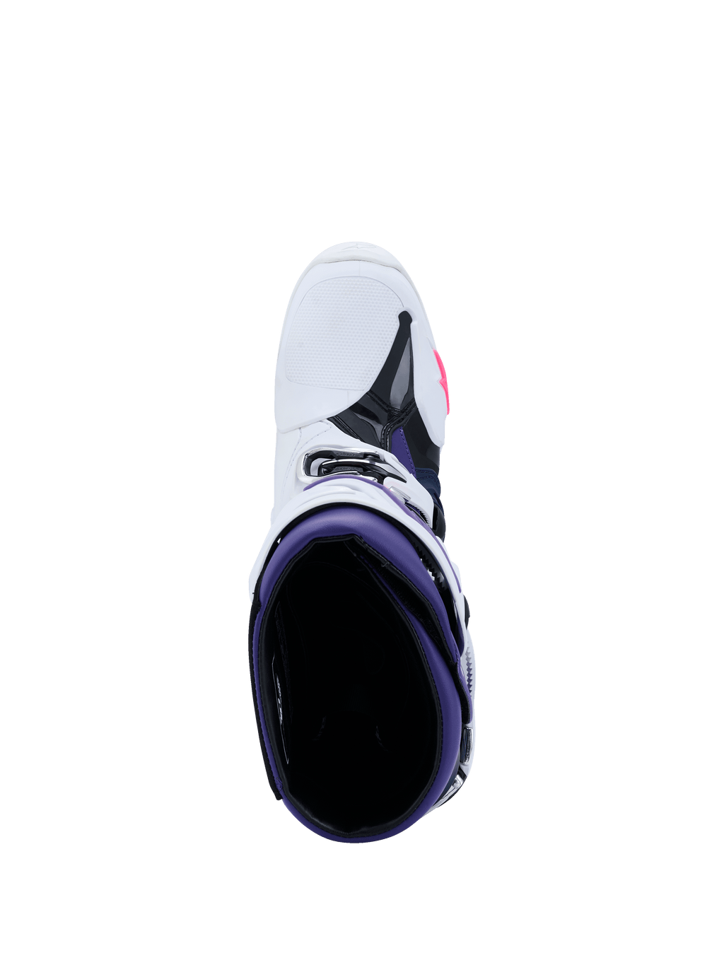 Botas Alpinestars Tech 10, botas de motocross, blanco, violeta, azul marino y rosa flúor, vista desde arriba hacia el interior púrpura, exterior blanco con detalles en negro y rosa, calzado de competición off-road de nivel profesional