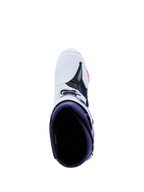 Botas Alpinestars Tech 10, botas de motocross, blanco, violeta, azul marino y rosa flúor, vista desde arriba hacia el interior púrpura, exterior blanco con detalles en negro y rosa, calzado de competición off-road de nivel profesional