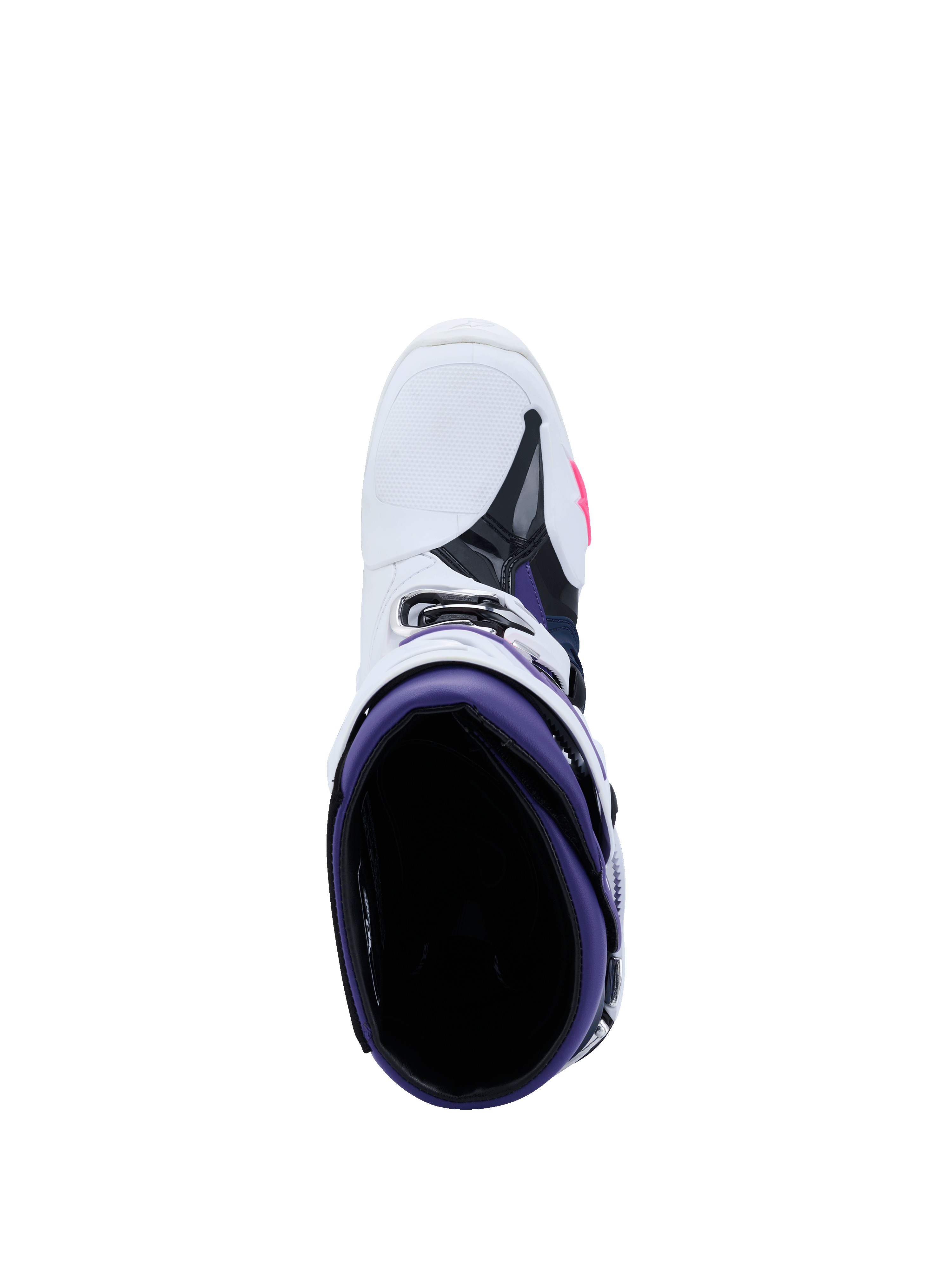 Botas Alpinestars Tech 10, botas de motocross, blanco, violeta, azul marino y rosa flúor, vista desde arriba hacia el interior púrpura, exterior blanco con detalles en negro y rosa, calzado de competición off-road de nivel profesional