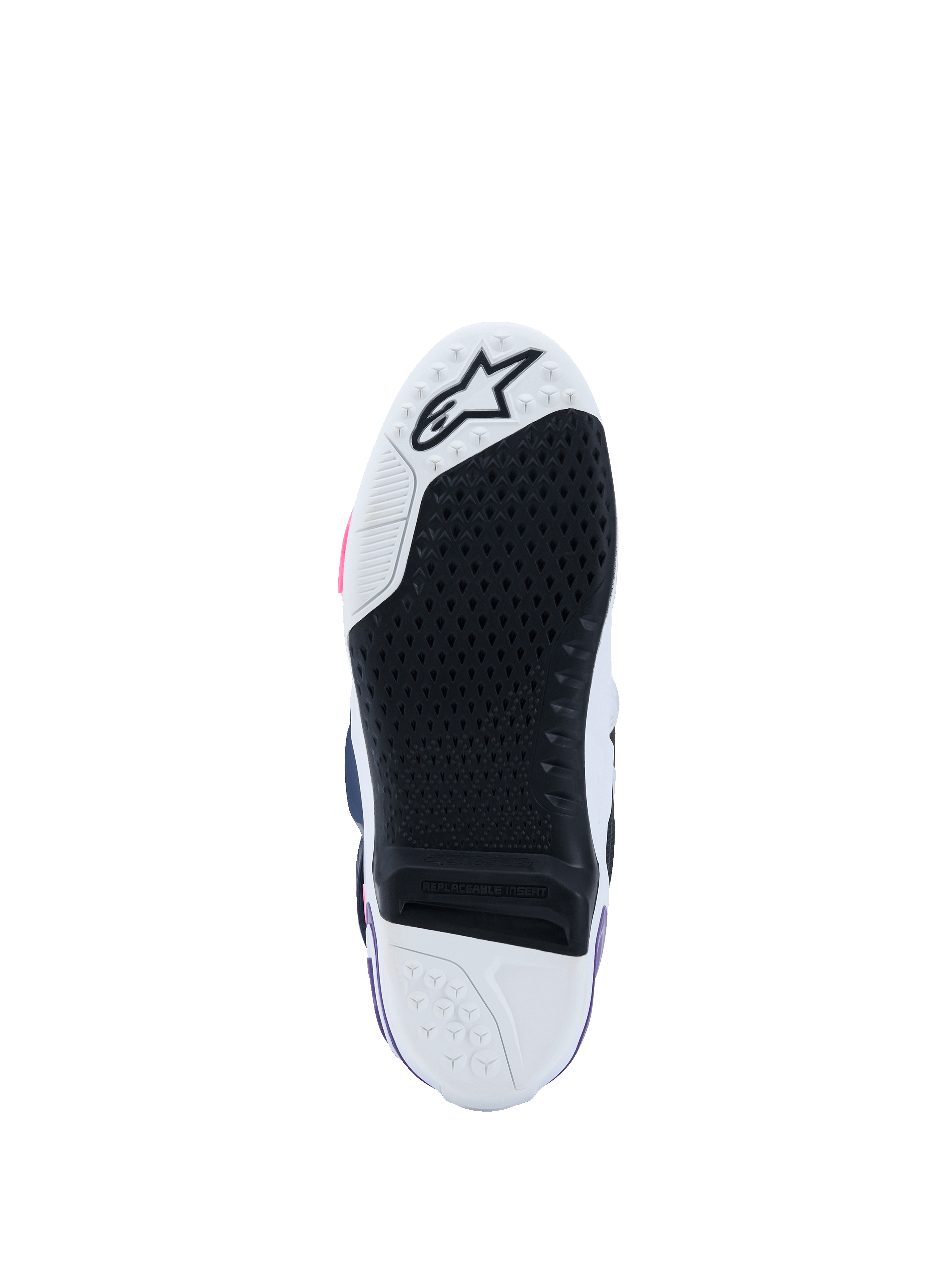 Botas Alpinestars Tech 10, vista de la suela, blanco, violeta, azul marino y rosa flúor, suela de goma negra de alto agarre con inserto central reemplazable, puntera y talón blancos con logo de estrella, calzado profesional de motocross