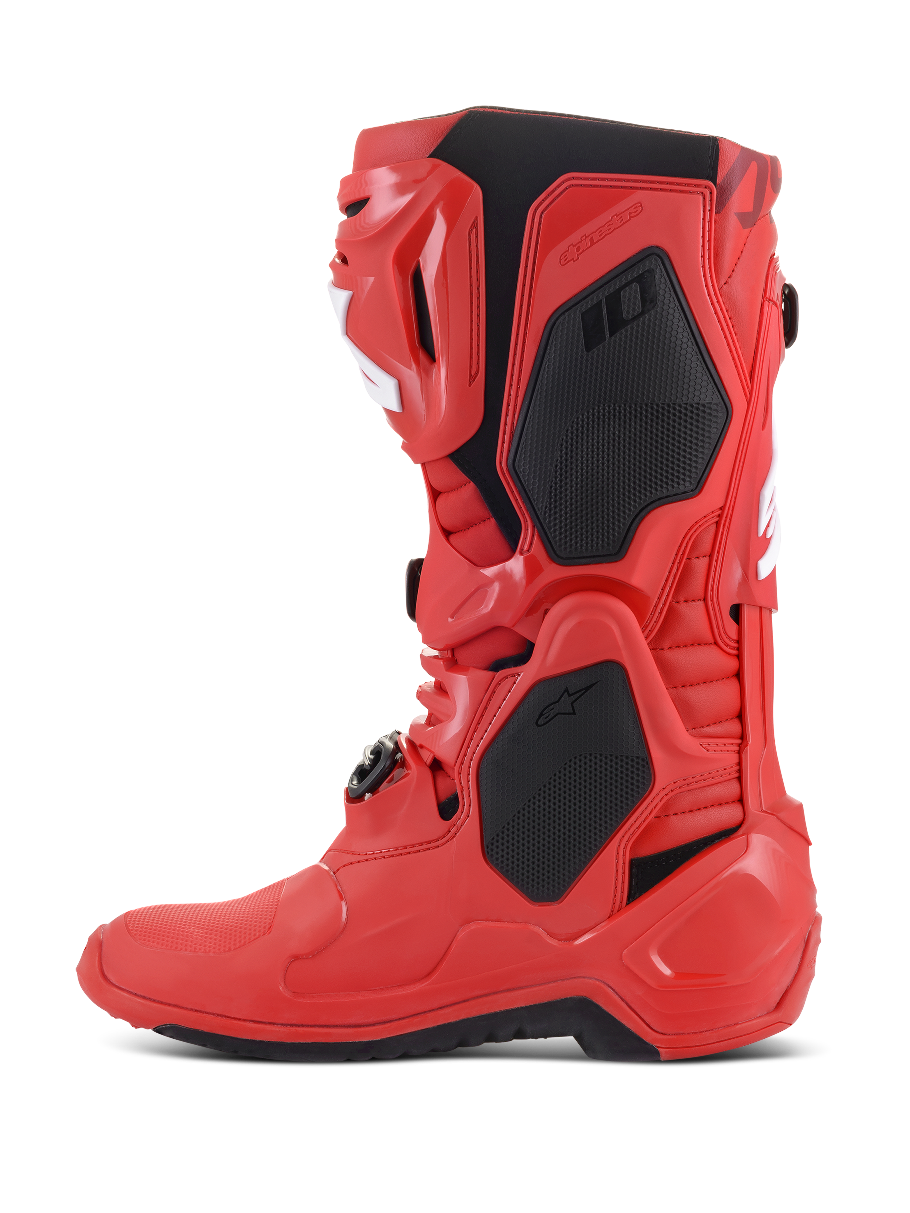 Alpinestars Tech 10 Boots, Motocross Boots, Bright Red, side profile featuring black protective panels and white accents, professional off-road racing footwear with TPU shell and buckle system