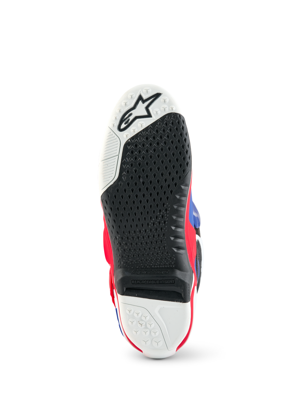 Alpinestars Limited Edition Fortitude Tech 10 Boot, Motocross Boot sole view, black and white textured grip pattern, replaceable central insert, Bright Red White Blue accents, durable construction for off-road performance