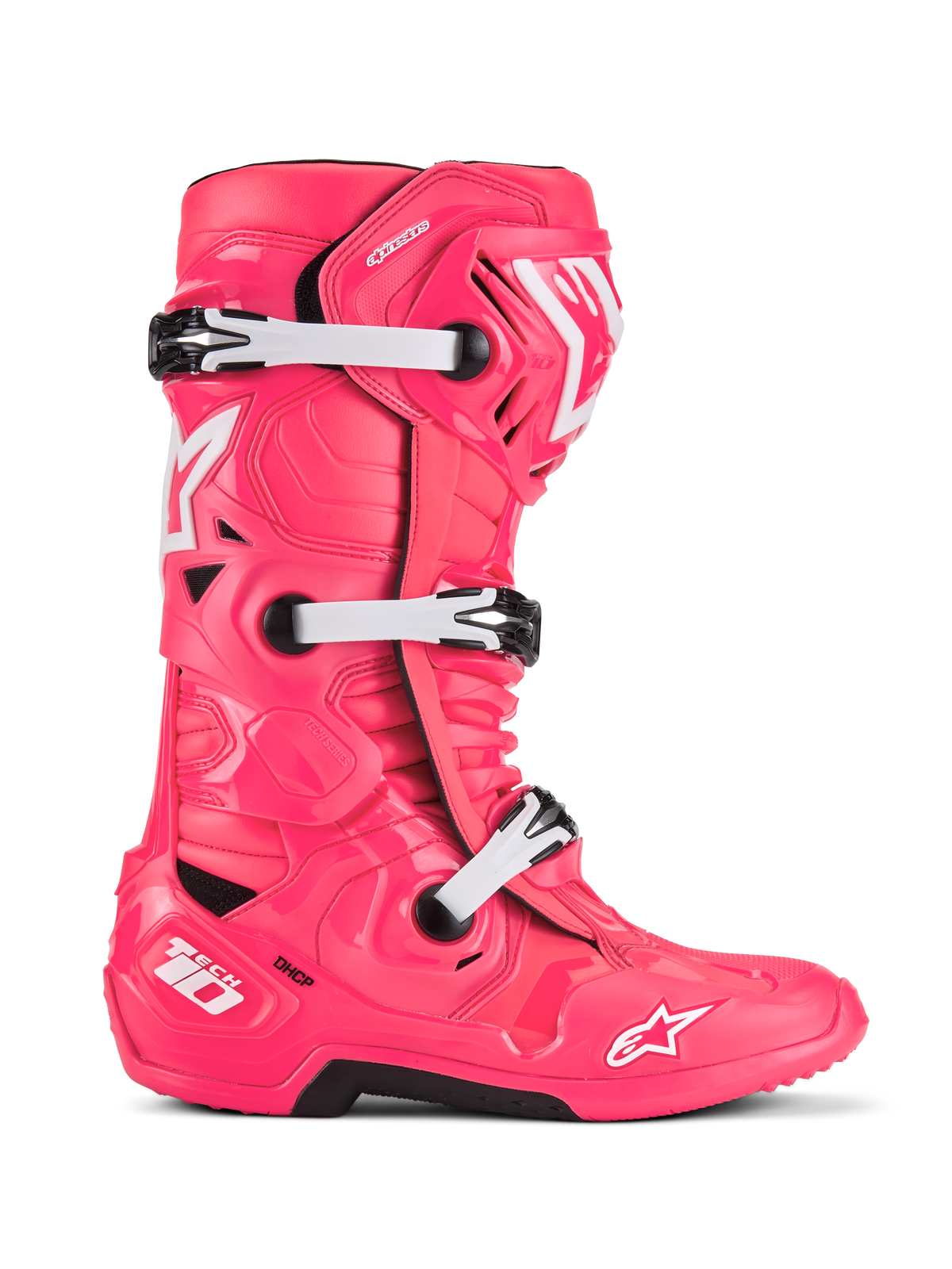 Alpinestars Tech 10 Boots, Motocross Racing Boots, Diva Pink and White, Triple Buckle System, CE Certified Protection, Textured Angular Design with White Star Logos and Black Rugged Sole