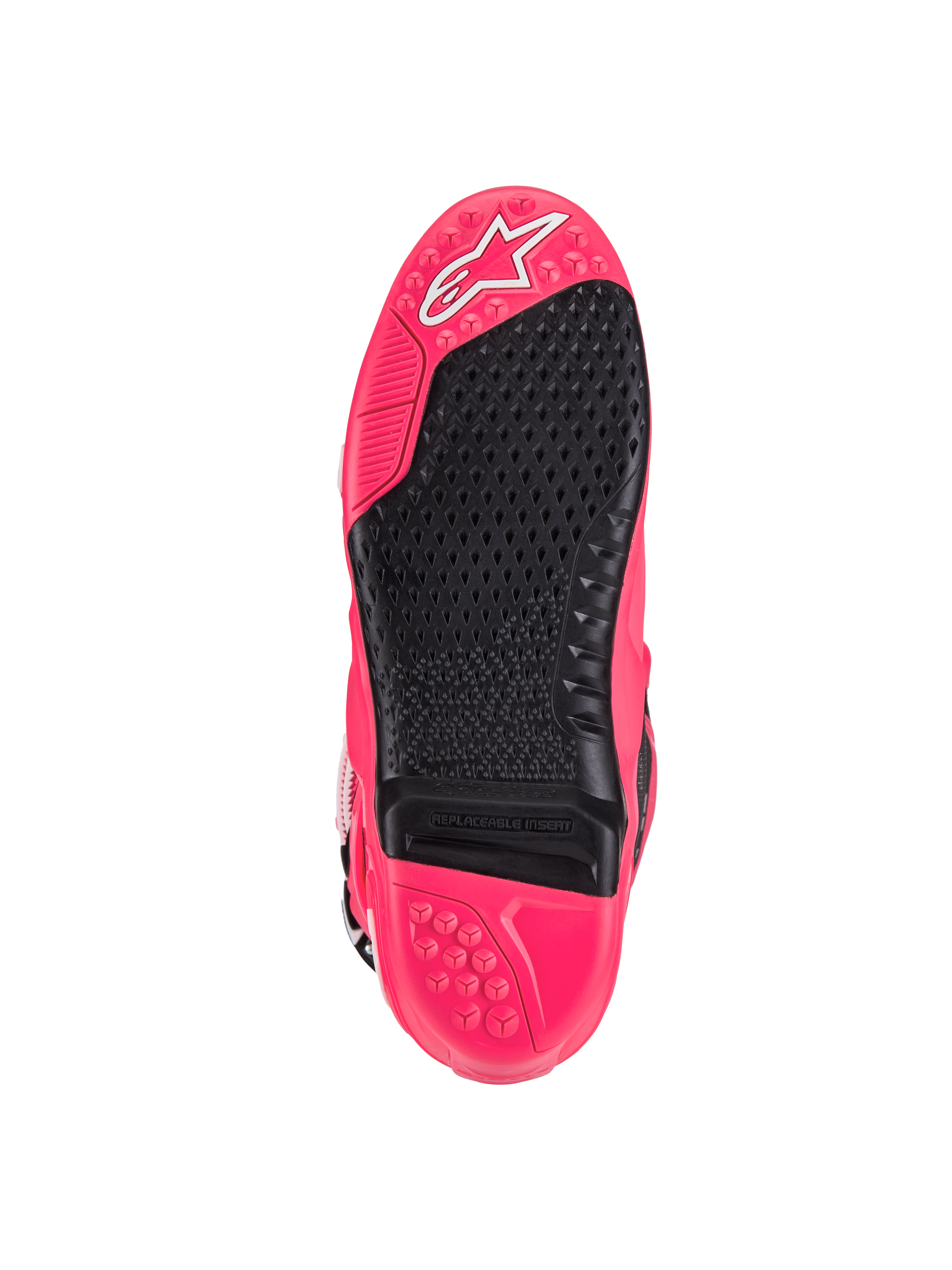 Alpinestars Tech 10 Boots, Motocross Boots, Diva Pink and Black, bottom sole view featuring textured tread, replaceable footpeg insert, and signature Astars logo, designed for superior grip and durability.