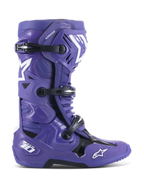 Alpinestars Tech 10 Boots, Motocross Off-Road Boots, Ultraviolet Purple with Black and White accents, featuring triple buckle closure, white star logos, Tech 10 branding on the heel, rugged sole, high-performance protective footwear