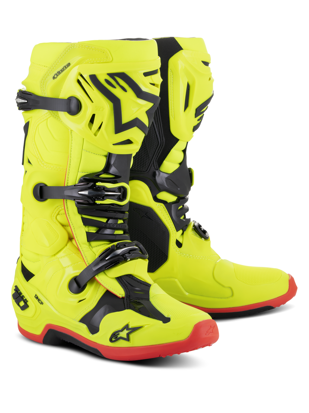 Botas Alpinestars Tech 10, botas de motocross, amarillo flúor con acentos en negro y rojo flúor, sistema de triple hebilla, carcasa de TPU con logotipo de estrella de Alpinestars, suelas rojas, equipo profesional de competición off-road